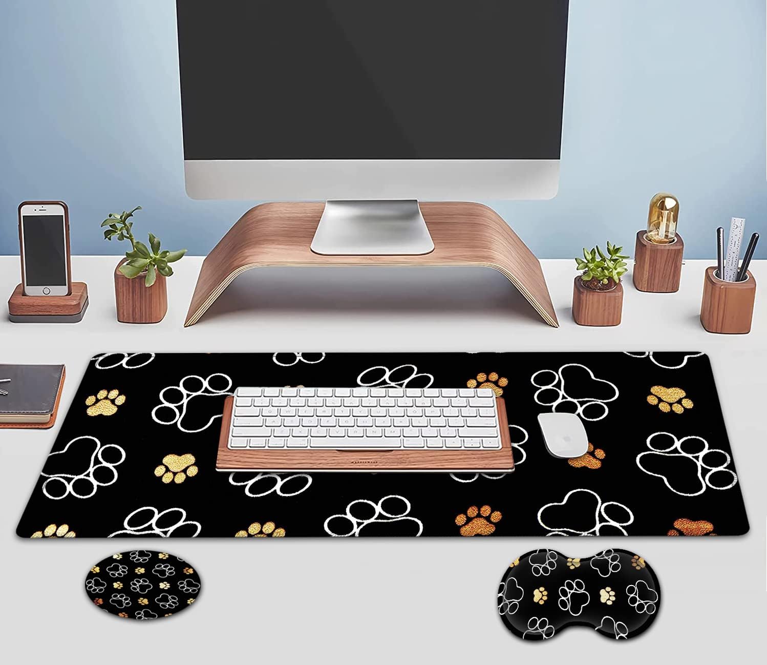 Large Mouse Pad, Extended Office Desk Pad 31.5x11.8in, Ergonomic Memory Foam Mouse Wrist Rest Support for Home Office Computer Writing Pad, Gold White Cute Dog Paws Prints XXL Black Gaming Mouse Mat