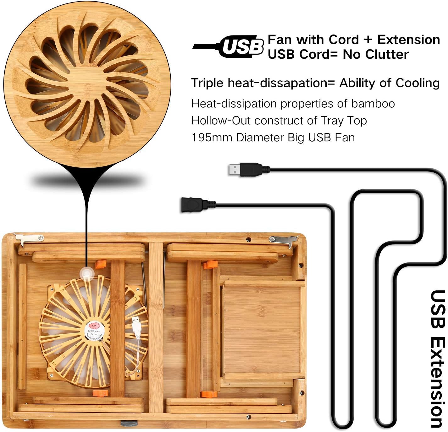 Hоttеѕt Sаlе Laptop Desk Nnewvante Adjustable Laptop Desk Table 100% Bamboo with USB Fan Foldable Breakfast Serving Bed Tray w' Drawer Leg Cover