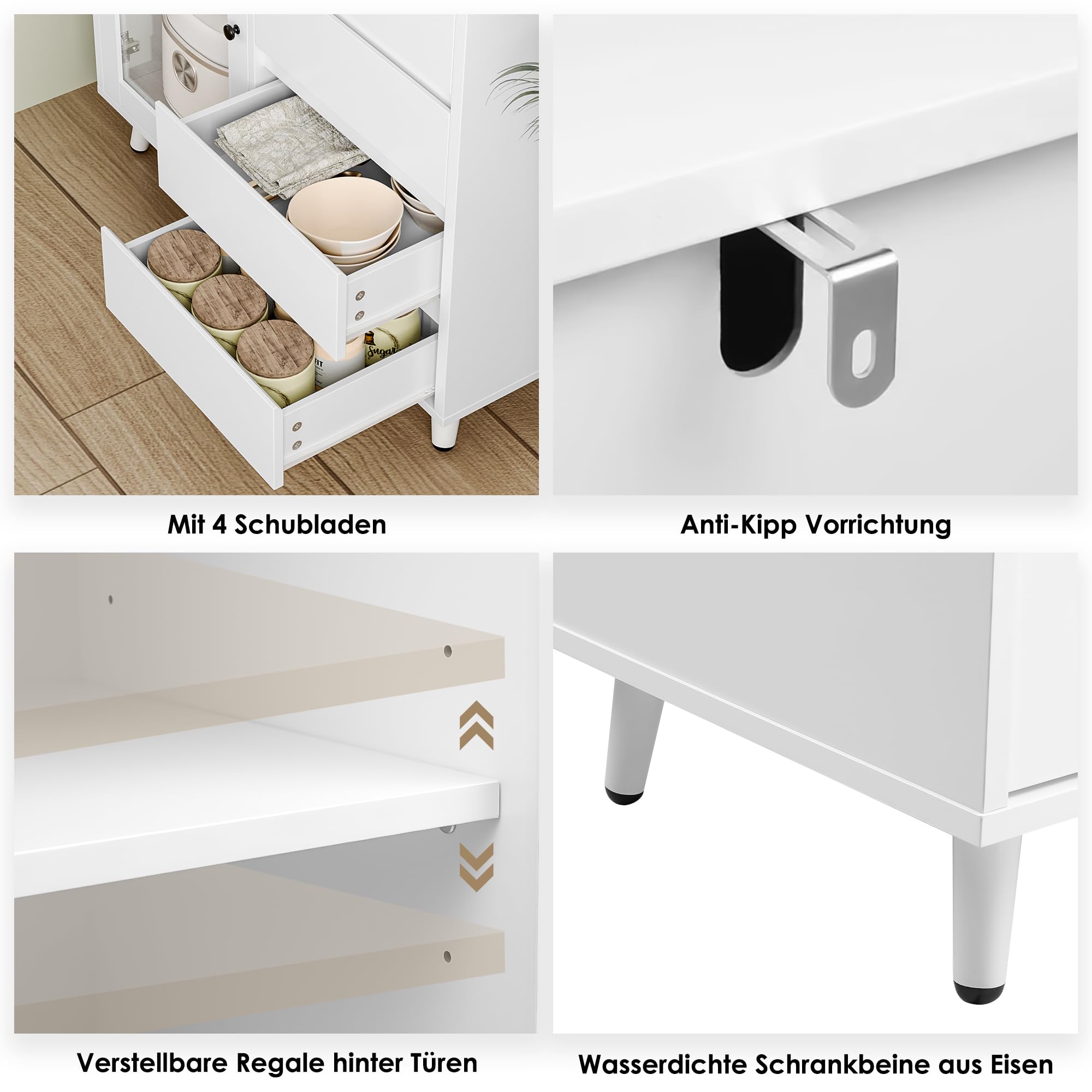 FOREHILL Küchenschrank 180 cm Buffetschrank mit Arbeitsplatte, 4 Schubladen