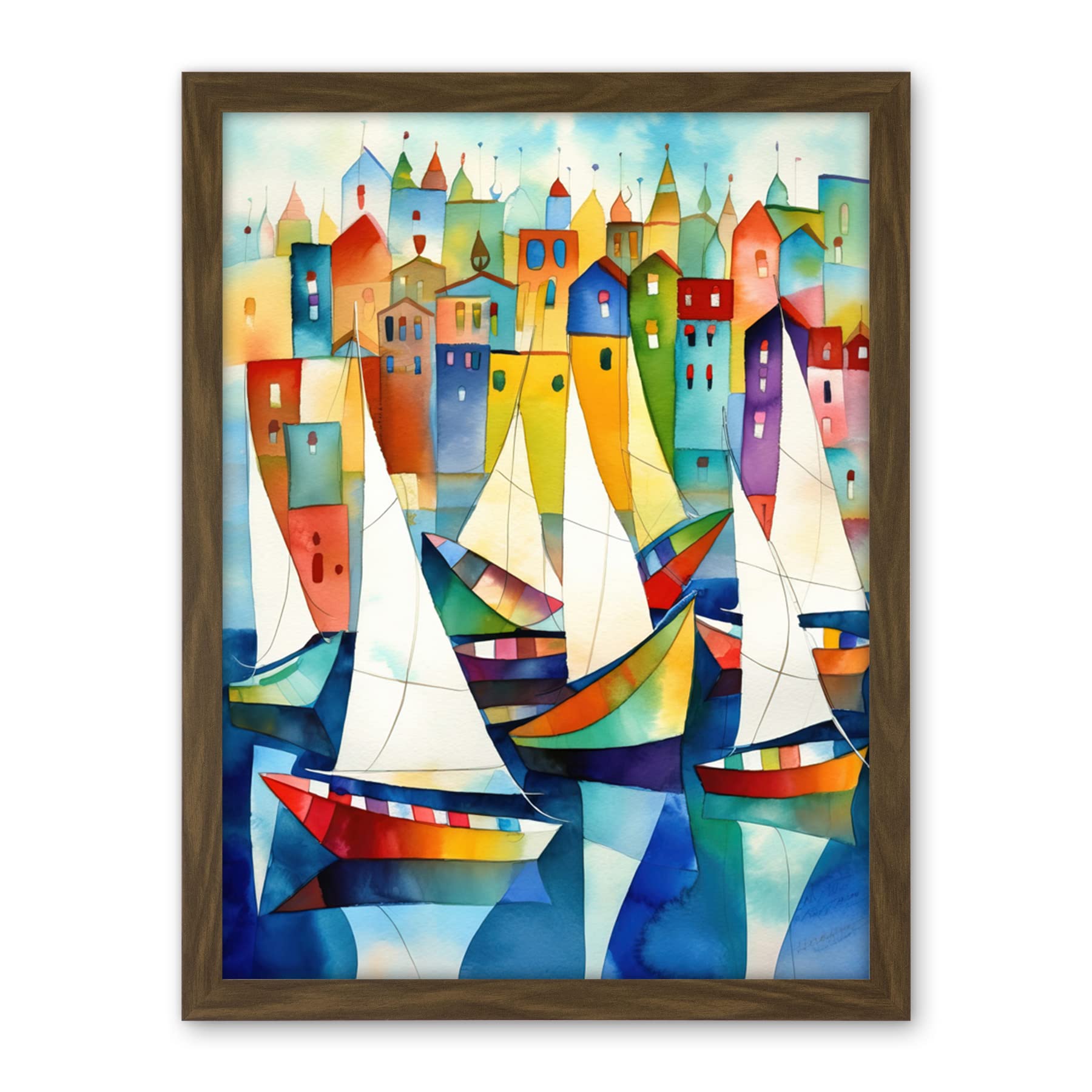 Artery8 Harbour Boats Folk Art Watercolour Painting Artwork Framed Wall Art Print 18X24 Inch