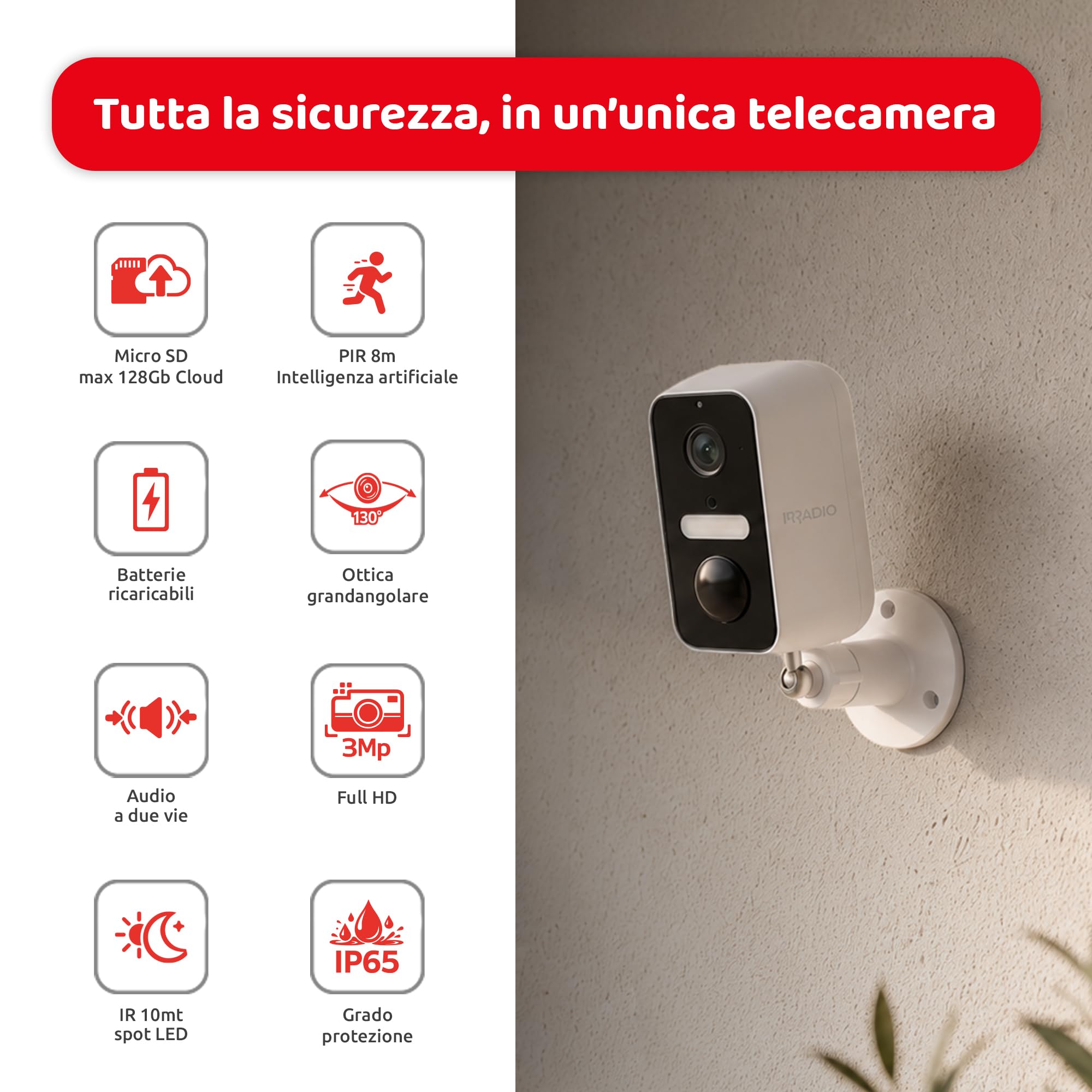 IRRADIO | Telecamera WiFi da Esterno e Interno a Batteria, 3MP, Telecamera di Sicurezza Smart WiFi con Sensore PIR e AI Rilevamento Umano, Visione Notturna, Compatibile Alexa e Google Home