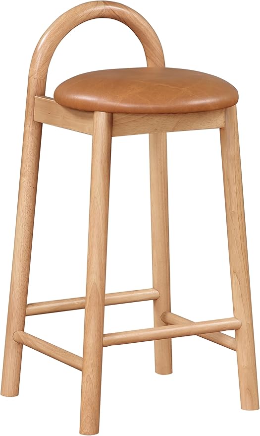 Meridian Furniture 475Cognac-C Calvin Collection Mid-Century Modern Stool with Soft Cognac Vegan Leather, Natural Finish Solid Wood Frame, 16.18" W x 16.7" D x 32" H, Cognac