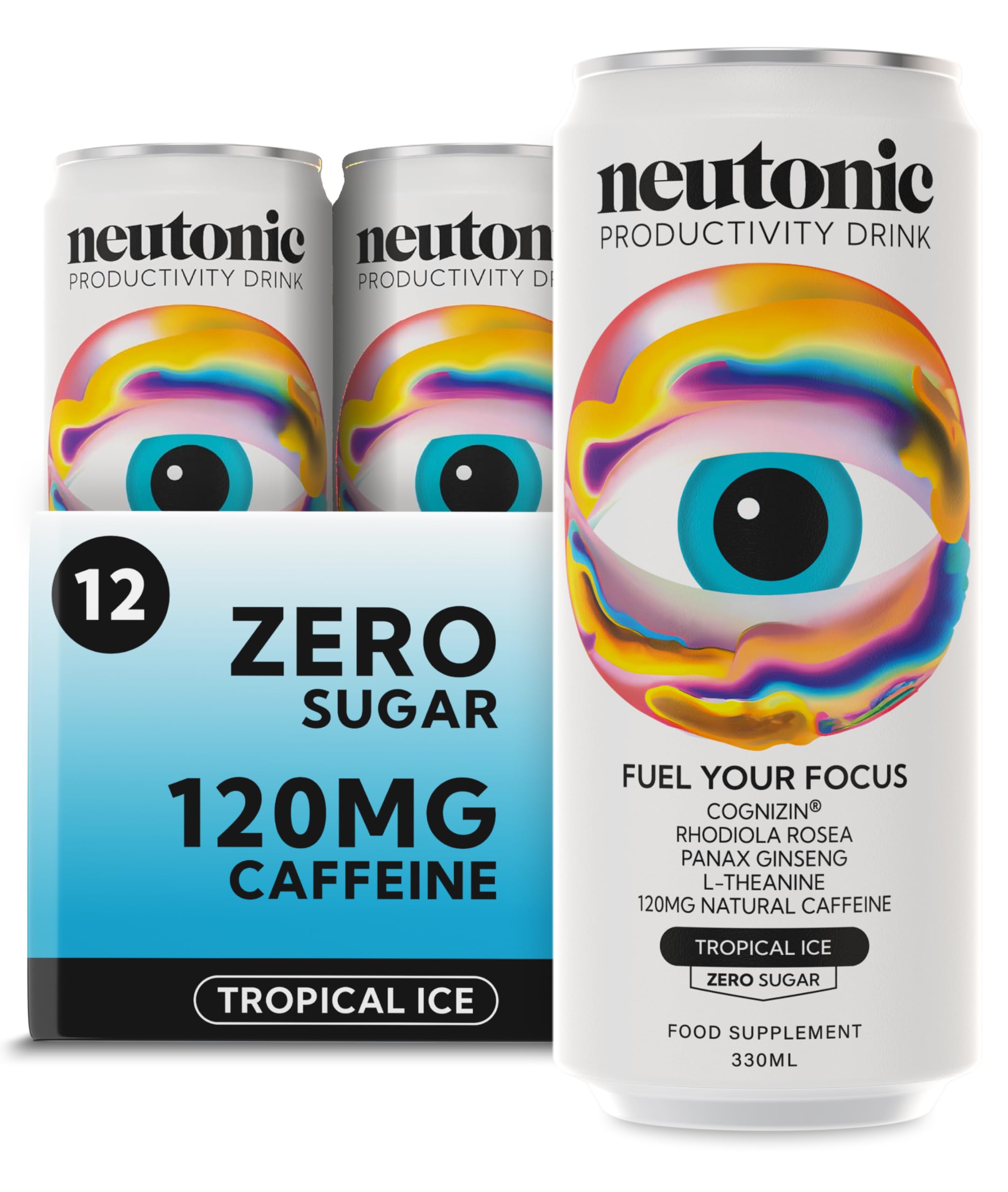 Neutonic Nootropic Productivity Energy Drink | Tropical Ice 12 Cans | 120mg Natural Caffeine, Zero Sugar | Support Energy, Mental Performance, Cognitive Function | Support Focus, Brain Health