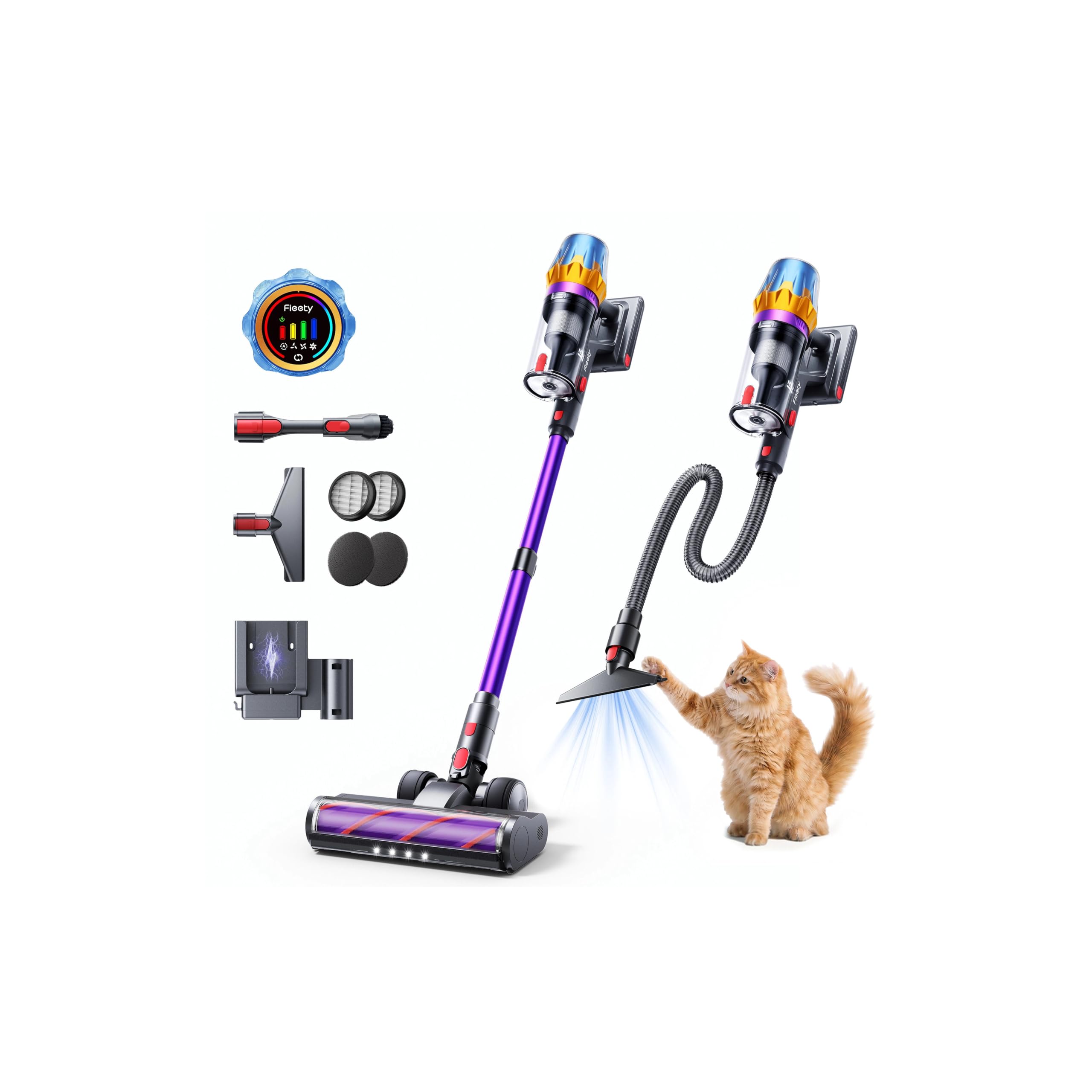 Fieety 80Min/650W/55KPa Aspirateur Balai sans Fil, 1.8L Aspirateur sans Fil Puissant, Batterie Optimisée, Brosse Anti-Enchevêtrement, Écran LED, Rechargeable Support Mural, Parfumé, Sols Durs (Violet)