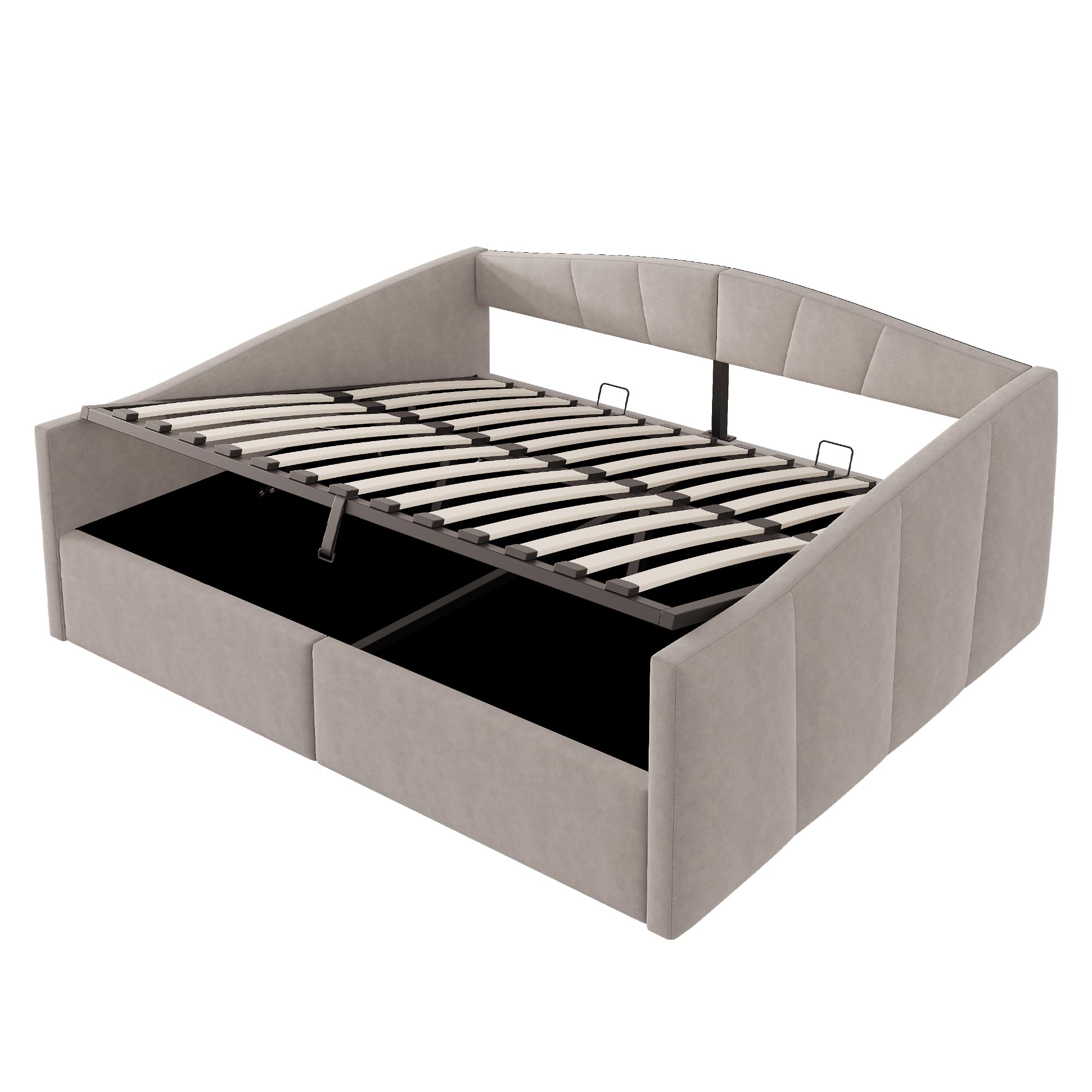 Tagesbett Schlafsofa 140x200 cm, Polsterbett mit Hydraulischer Lagerung, Sofabett mit Lattenrost und Armlehnen, Klassisch Gestreift, Samtstoff, Ohne Matratze, Hellgrau