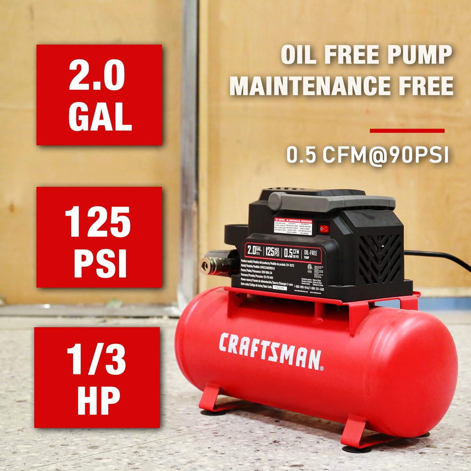 Craftsman Air Tools, 2 Gallon Portable Air Compressor 1/3 HP Oil-Free Max 125 PSI Pressure, Hot Dog, Model: CMXECXA0200243 - Image 2