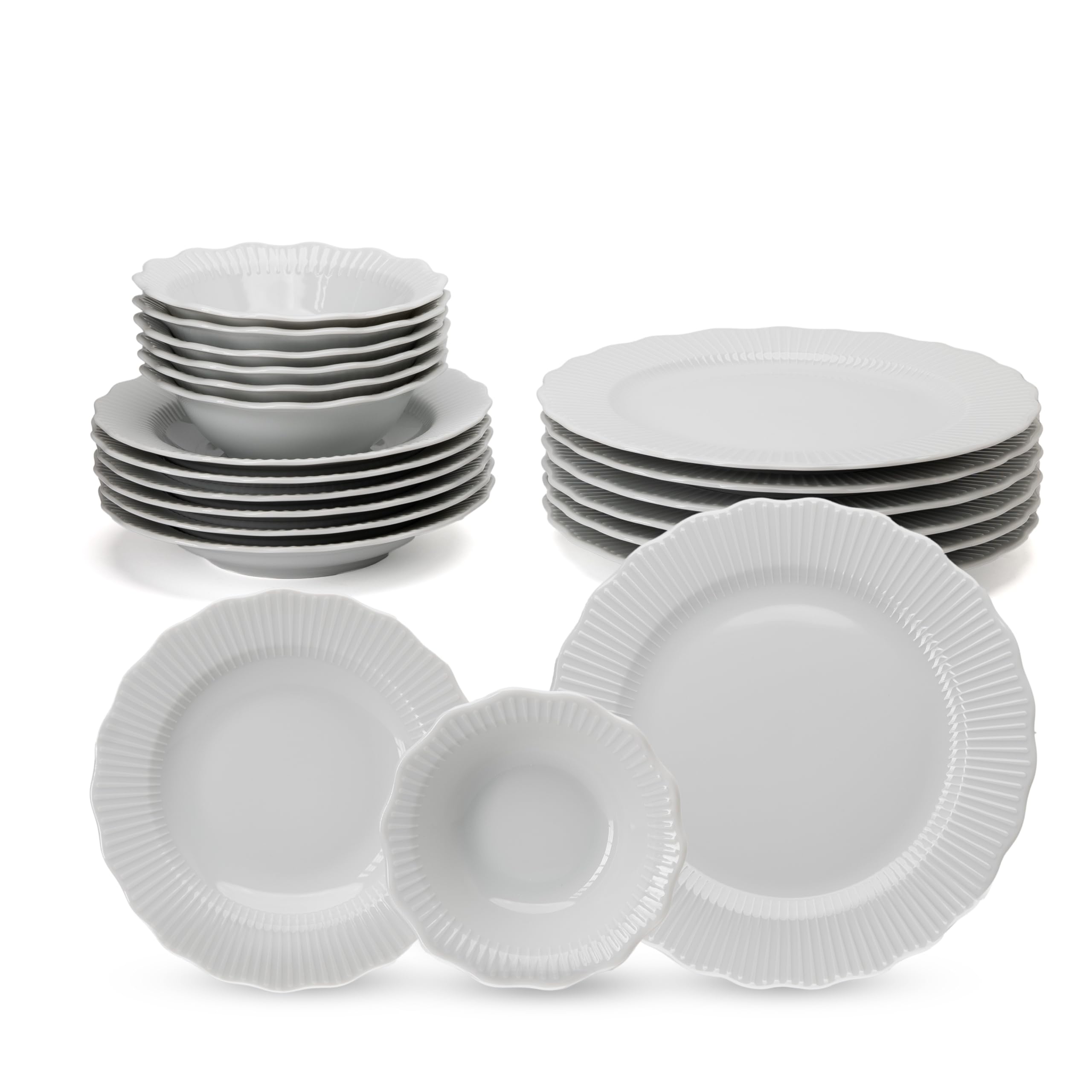 Vajilla de Porcelana blanca Porland Frilly - Vajilla de 18 Piezas Blanca– completa y elegante para 6 personas
