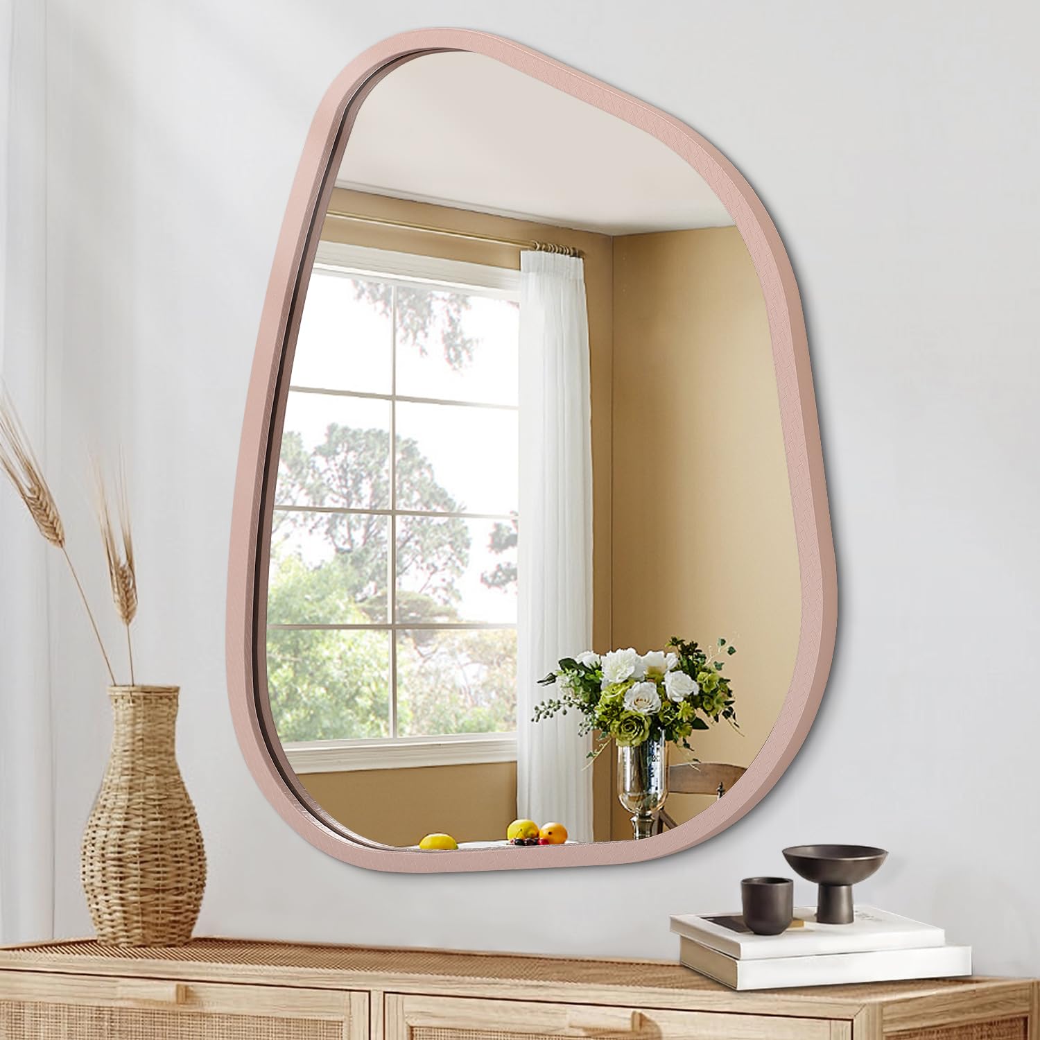 HLFMVWE Irregular Bathroom Wall Mirror Asymmetrical Modern Wooden Framed Mirror Unique Shape Wall Mounted Vanity Artistic Decor for Living Room Bedroom Entryway 50x40CM