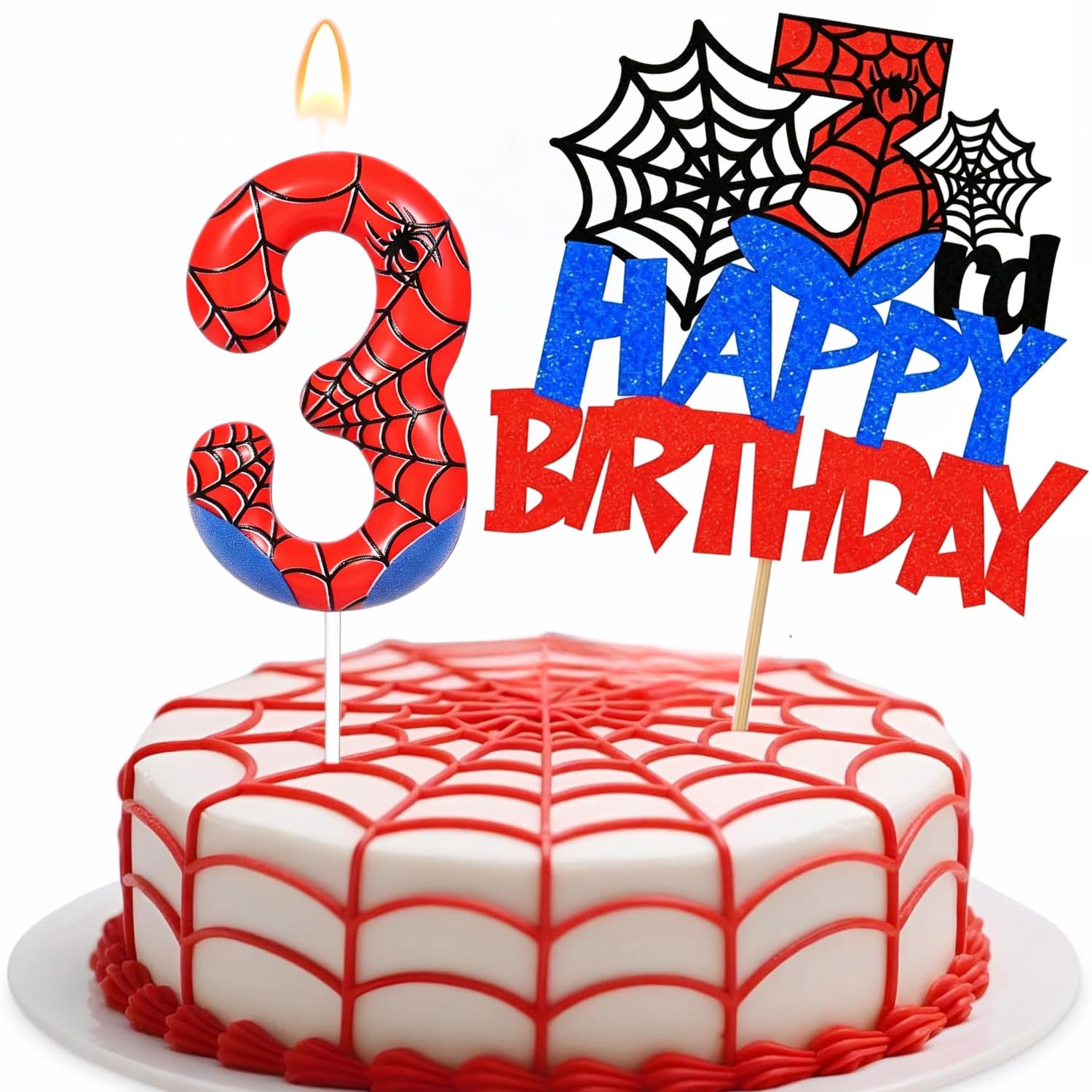 2.36 Inch Spider Themed Birthday Candle, Red Blue Number 3 Spider Web Candle,Happy 3th Birthday Cake Toppers for Birthday Party, Cartoon Party Supplies for Party Decoration (3th Cake Topper)