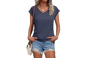Classic Casual Women's V Neck Cap Sleeve Cotton T-Shirts