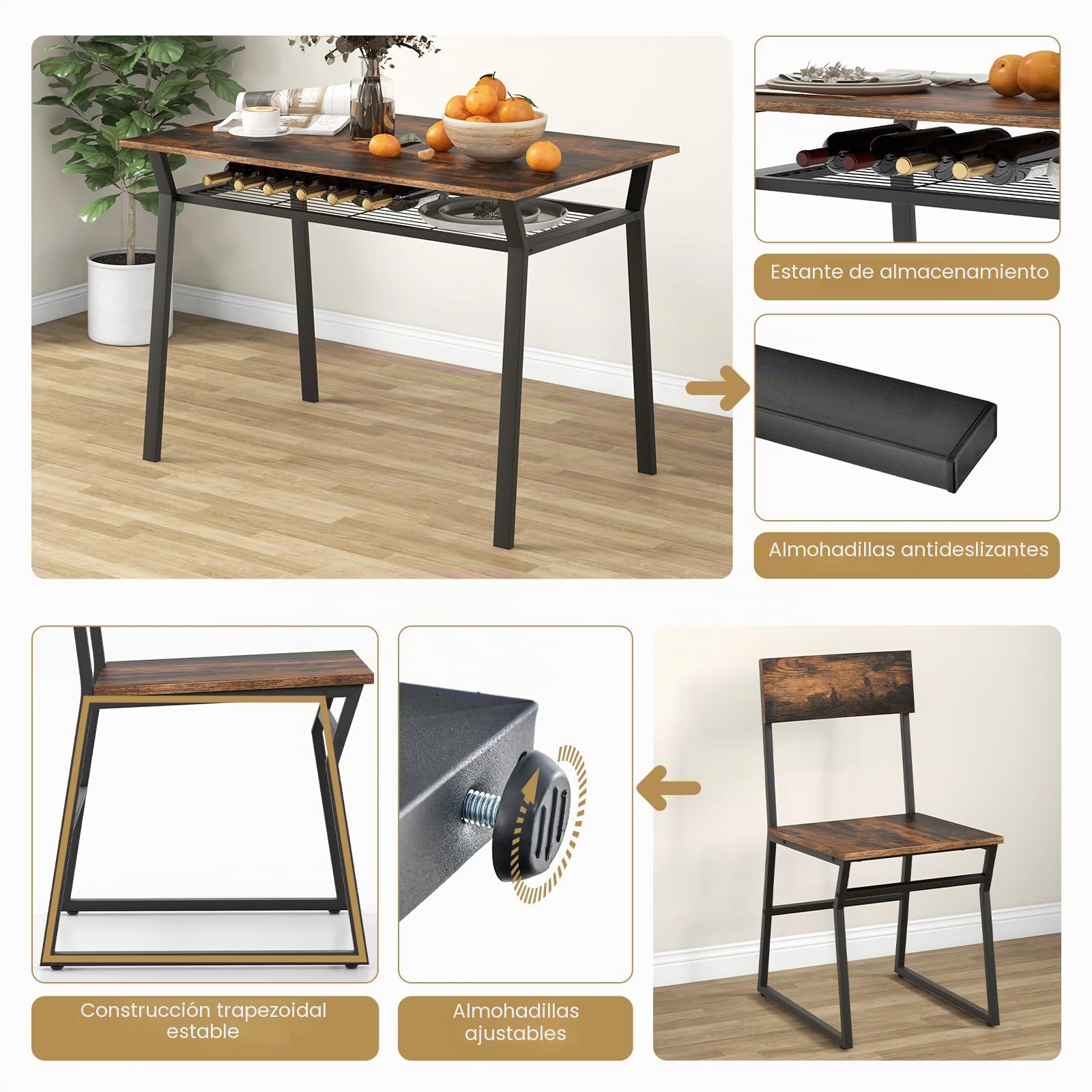 GIANTEX Juego de Mesa de Comedor 5 Piezas, Conjunto de Mesa y Sillas para 4 Personas, Marco de Metal, Muebles de Comedor de Estilo Industrial, Mesa con Estante de Malla (Marrón Rústico)