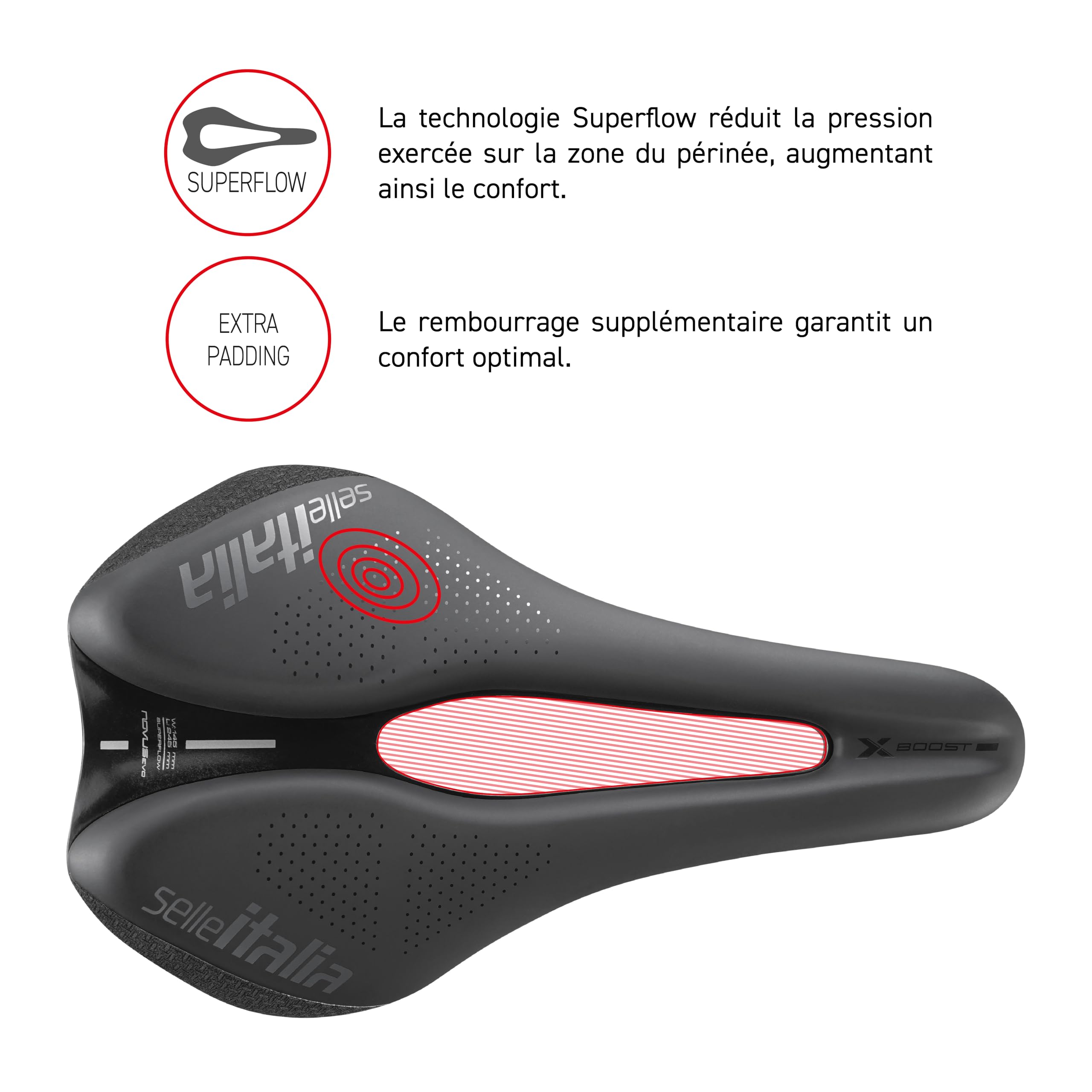 Selle Italia Novus Boost Evo X-Cross TM Superflow - Selle VTT et Gravel, Tout-Terrain, Trou Anatomique, Inserts SuperFabric, Rembourrage Supplémentaire - Taille L3, Noir