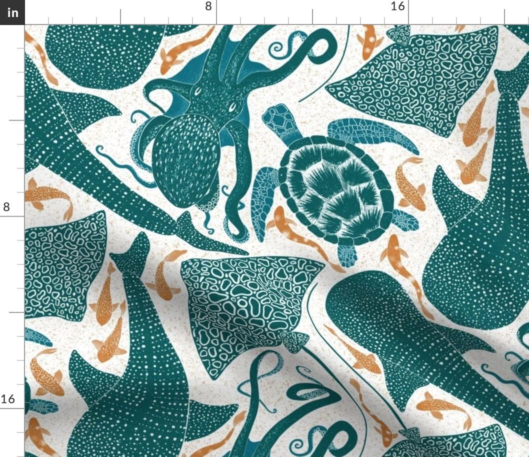 Spoonflower Fabric - Whale Shark Sea Turtle Octopus Fish Aqua Golden Orange Blue Water Printed on Petal Signature Cotton Fabric by The Yard - Sewing Quilting Apparel Crafts Decor
