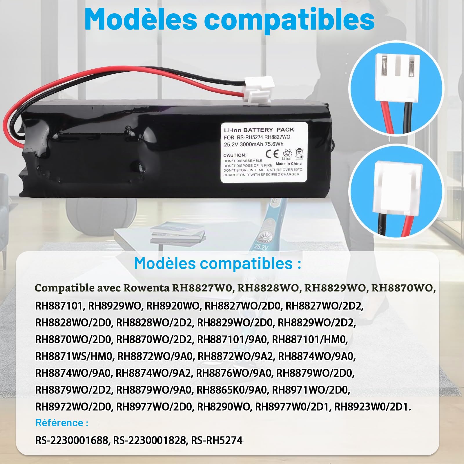 25,2V 3000mAh Batterie Compatible avec Rowenta RS-RH5274 RH8827WO RH8828WO RH8829WO RH8870WO RH887101 RH8827WO/2D0 RH8827WO/2D2 RH8827WO2D0, RS-2230001688 RS-2230001828