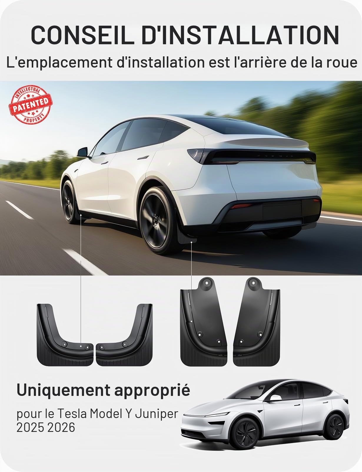 BASENOR Garde-Boue Tesla Model Y Juniper 2025-2026 [sans Perçage/sans Ruban] Protection Peinture, Protecteurs Pneu TPE Tout Temps pour Version Standard/Premium/Performance