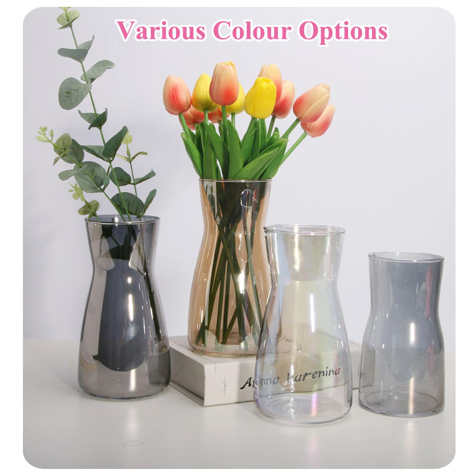 Vase en verre pour fleurs, Vase en verre transparent moderne, 22 CM haut Vases en pour décoration de table, Vases décoratifs pour herbe de la pampa, tulipes, orchidées, roses (Ambre