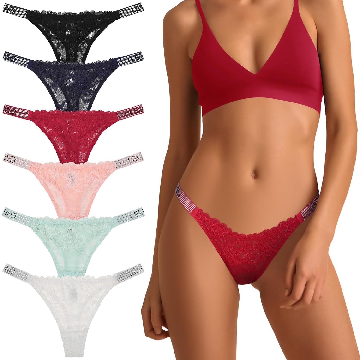 LEVAO Sexy Panties Thongs for Women Letter Rhinestones G-String Low-rise Tanga Stretch Underwear Multipack 3-6 pack S-XL