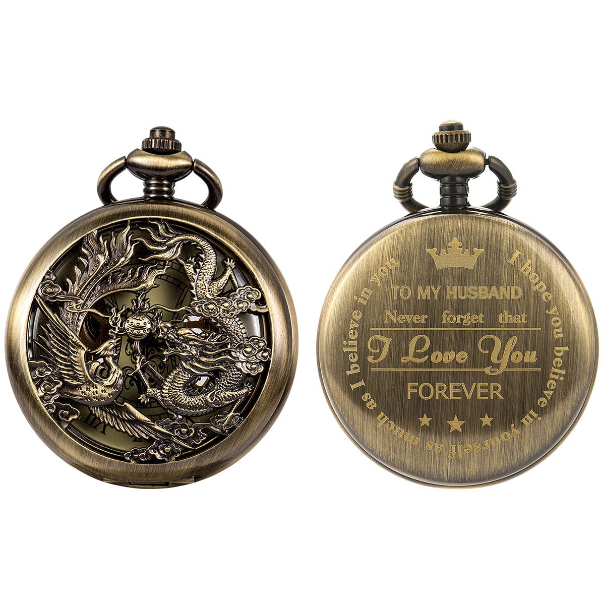 Buy Pocket Watch to Husband, Personalized Engraved Pocket Watchs, Lucky Dragon & Phoenix