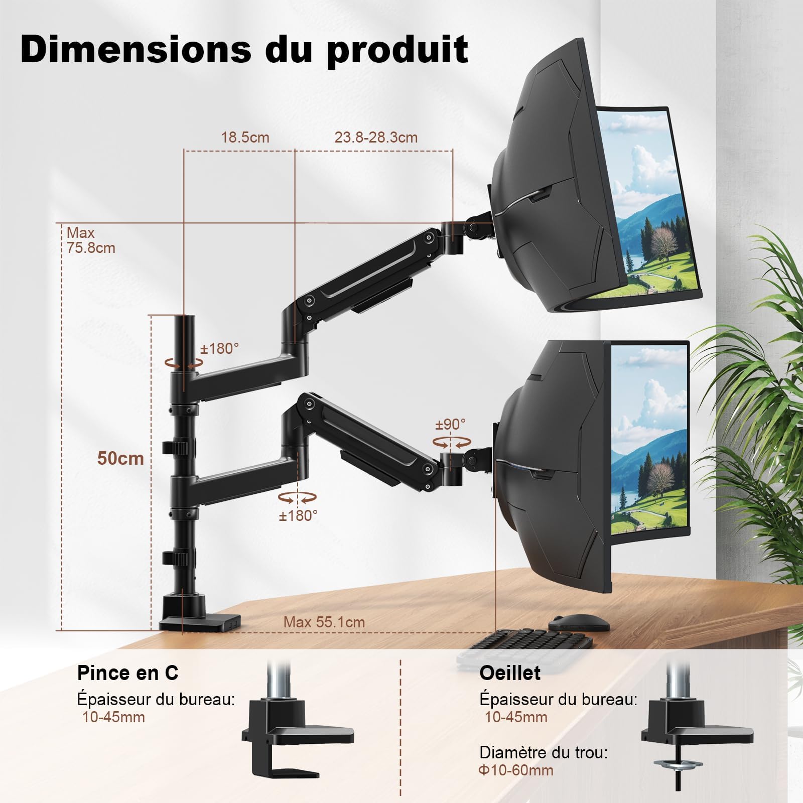 PUTORSEN Support Ecran pour 2 Moniteurs de 17 à 49 Pouces - Jusqu'à 20 kg par Bras, Fixation de Bureau Extra-Longue réglable en Hauteur et pivotante pour Une ergonomie optimale, VESA 75/100 mm