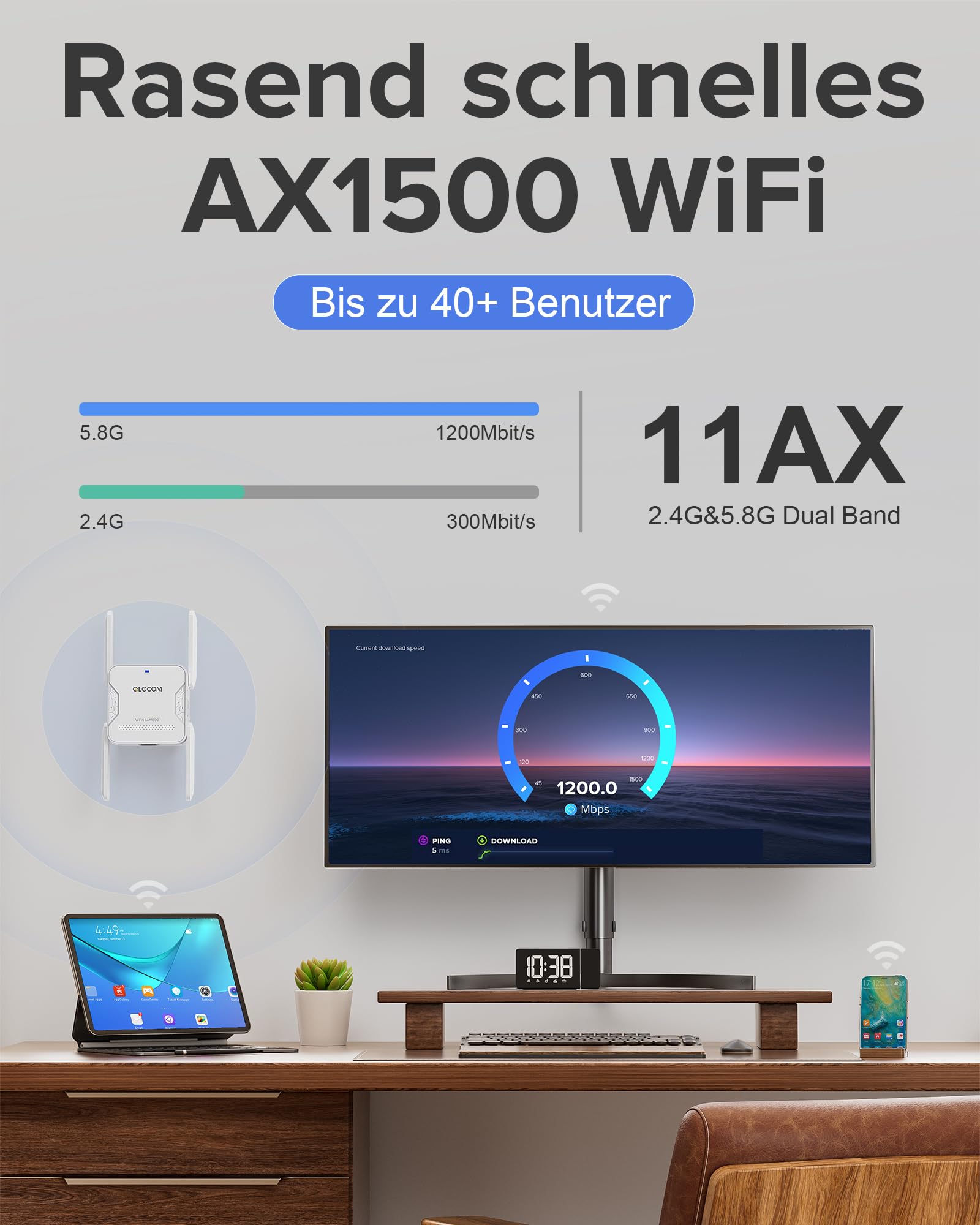 2026 Neuestes AX1500 WLAN Verstärker WiFi 6 WLAN Repeater, DualBand 5.8GHz & 2.4GHz Internet Booster, WiFi Repeater kompatibel zu Allen WLAN Geräten, Ethernet Port