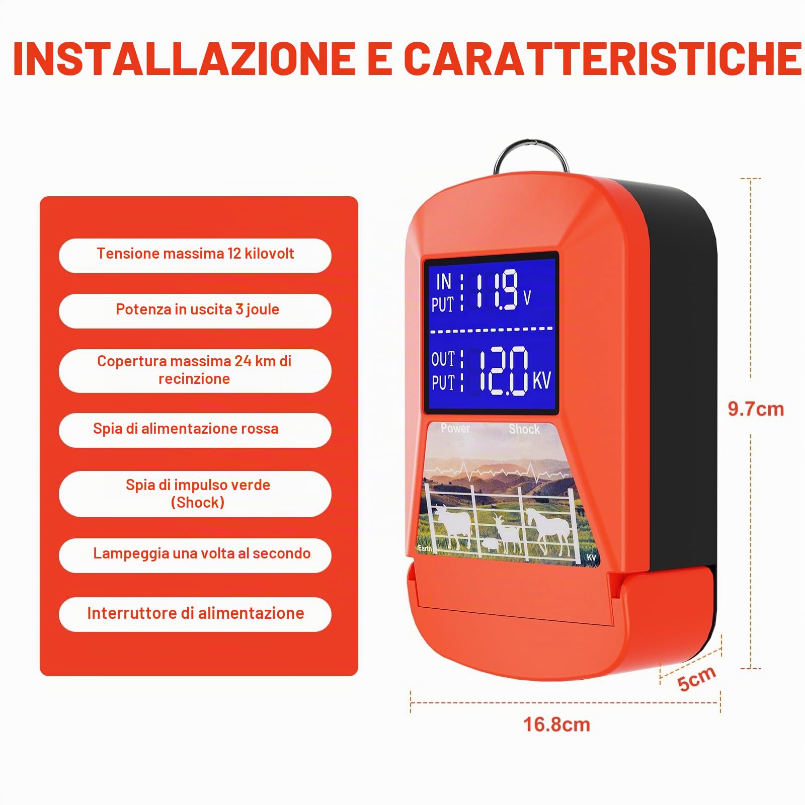 Elettrificatore per recinti elettrici 12V con display LED, Elettrificatore 3.0J per 24 km Elettrificatore per recinti elettrici, per la protezione di animali da fattoria, animali domestici, pollame | Ampio display a LED