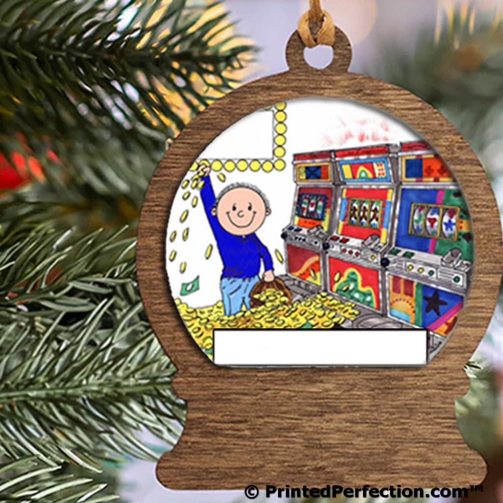 PrintedPerfection.com Personalized Slot Machine Player - Male Wooden Snow Globe Shaped Christmas Ornament