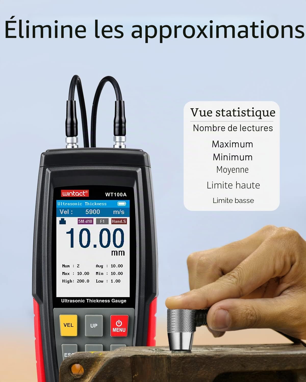 Wintact Enregistreur de données de compteur d'épaisseur à ultrasons numérique haute résolution de 0,001 pouce pour plaque de cuivre en métal en aluminium en acier, ultrasonique portable