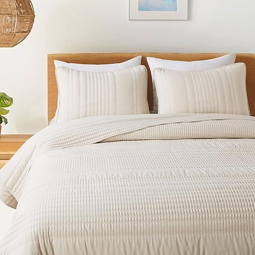 Miniatura 3 de HIARUO Juego de ropa de cama tamaño Queen, colcha a rayas tamaño matrimonial (90 x 90 pulgadas) con 2 fundas de almohada (20 x 26 pulgadas) para