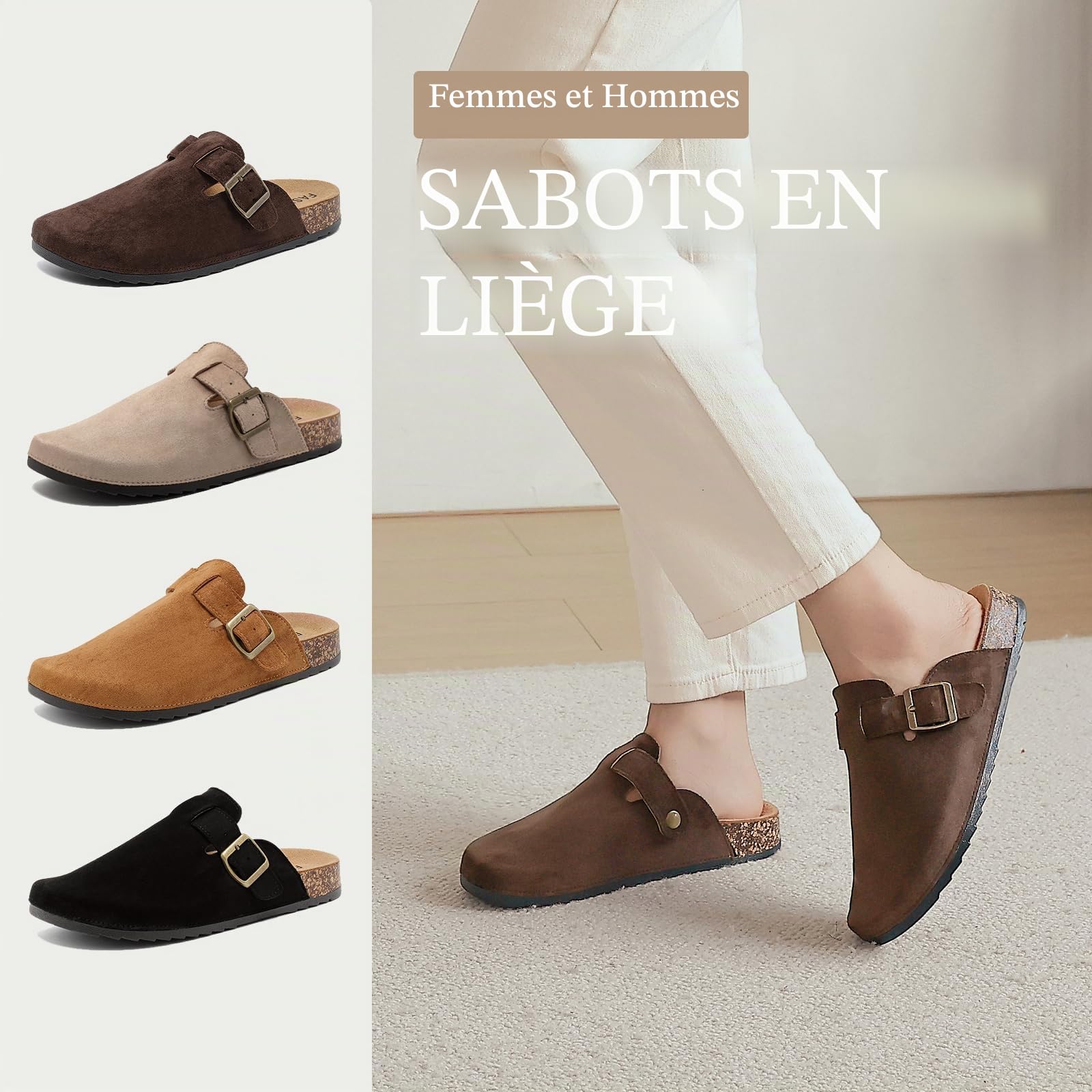 Mules et Sabots Homme Femme avec Liège Boucle Réglable Semelles Chaussures de Jardin Confortable d'Intérieur Extérieur 35-45