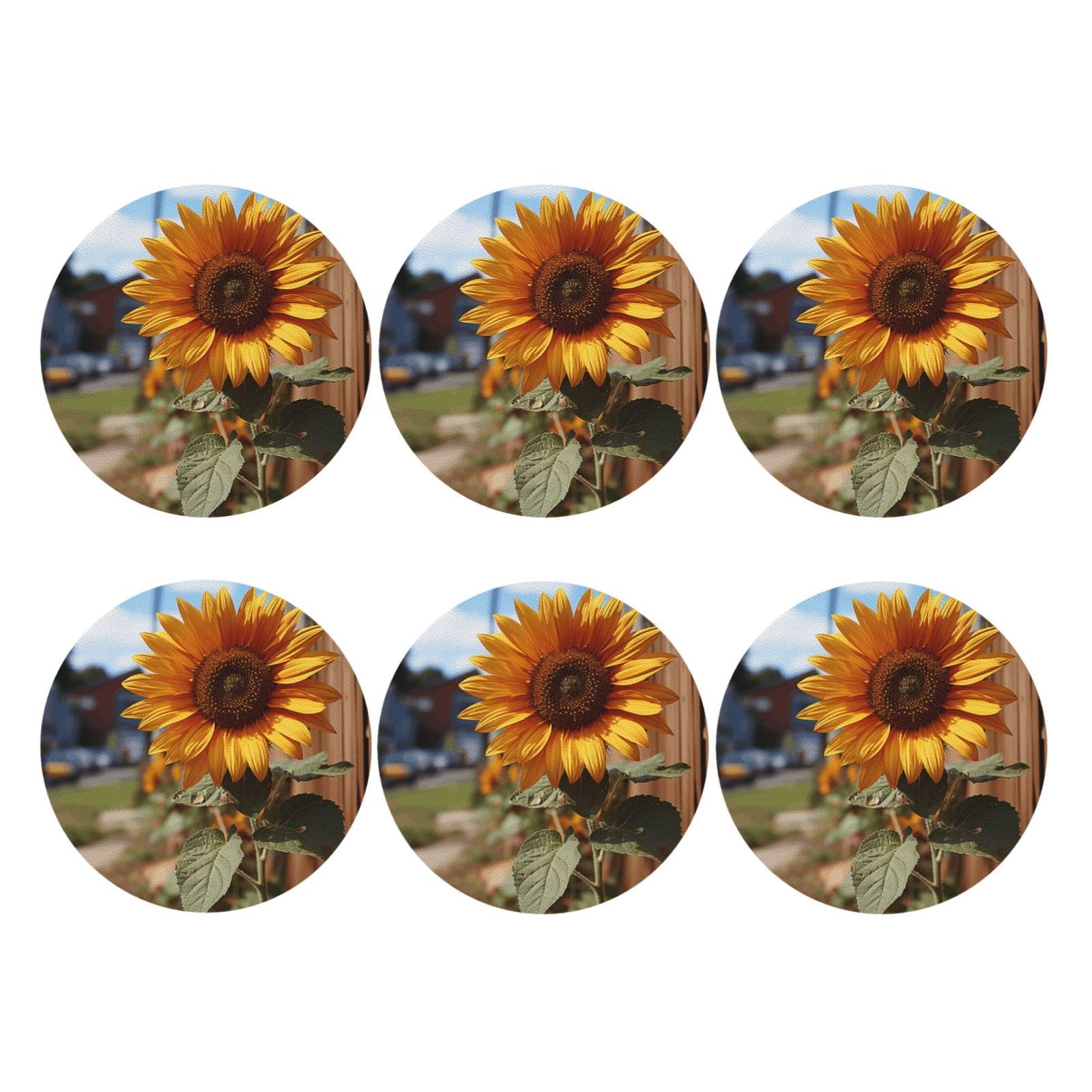 6pcs Leather Coasters for Drinks, Farm Sunflower Drink Coasters for Tabletop Protection, 4" Cup Coasters for Coffee Table Decor, Non-Slip Drinking Cup Mat for Hot Or Cold Drink