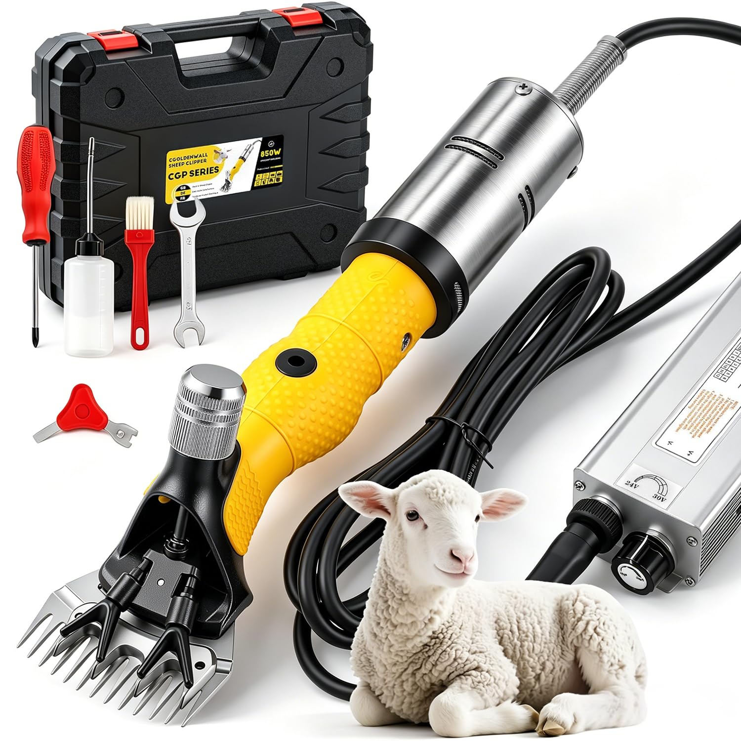 CGOLDENWALL 1000W Tosatrice Professionale per Pecore 2400giri/min con 6 Velocità e Doppia Protezione Anti-Surriscaldamento -Lame in Acciaio al Carbonio per Pecore, Capre, Alpaca - Kit Completo Incluso
