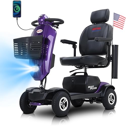 Metro Mobility Powered Mobility Scooters, 4 Wheel Mobility Scooters for Adults, 300 lbs Capacity Folding Mobility Scooter Lightweight, 16 Miles Long Travel Range Scooter with USB Charger Port Purple