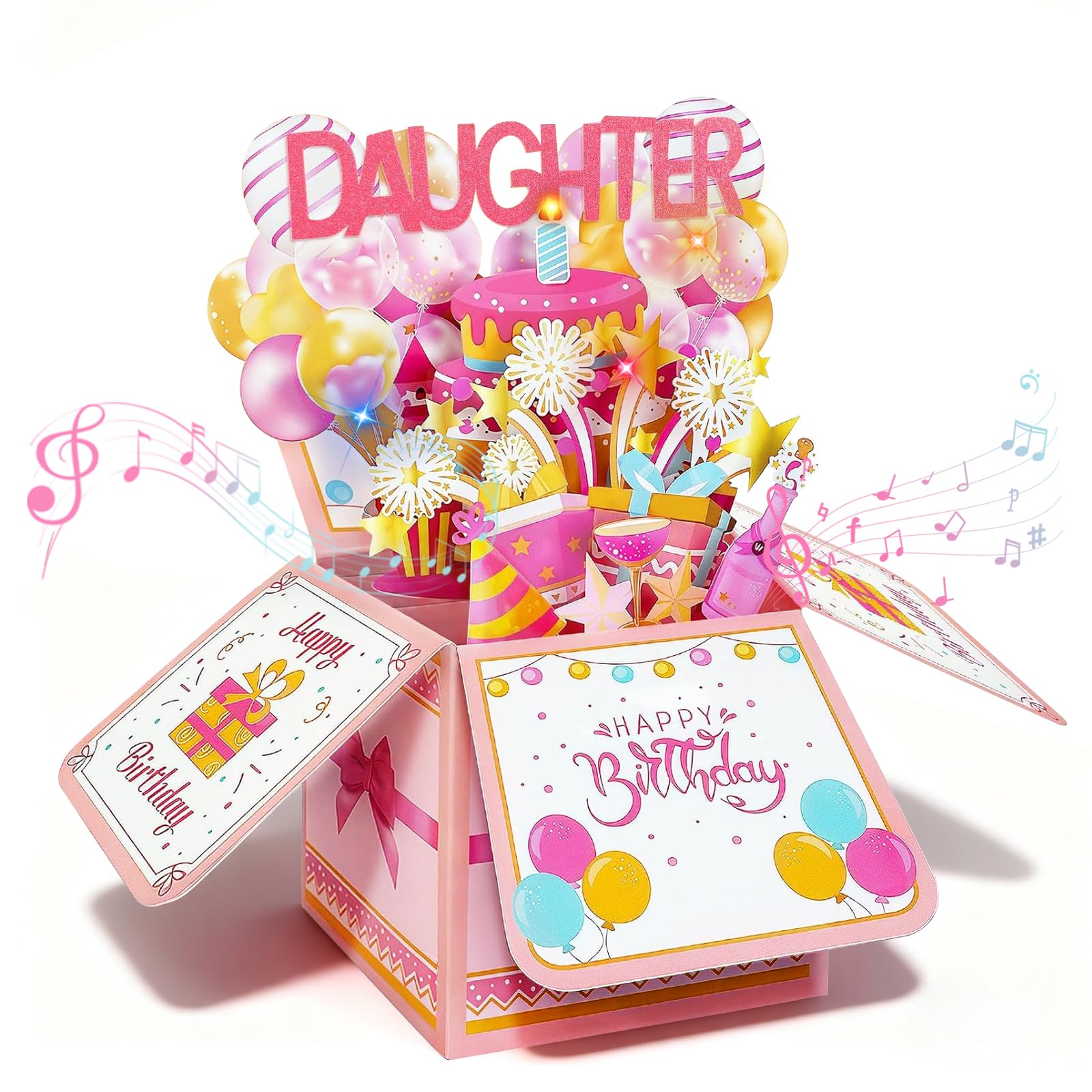 Pop Up Birthday Card for Daughter with Music and Lights, 3D Cake Design Blow Out Candle Greeting Card, Musical Happy Birthday Daughter Gift, Unique Birthday Card for daughter from Mum or Dad