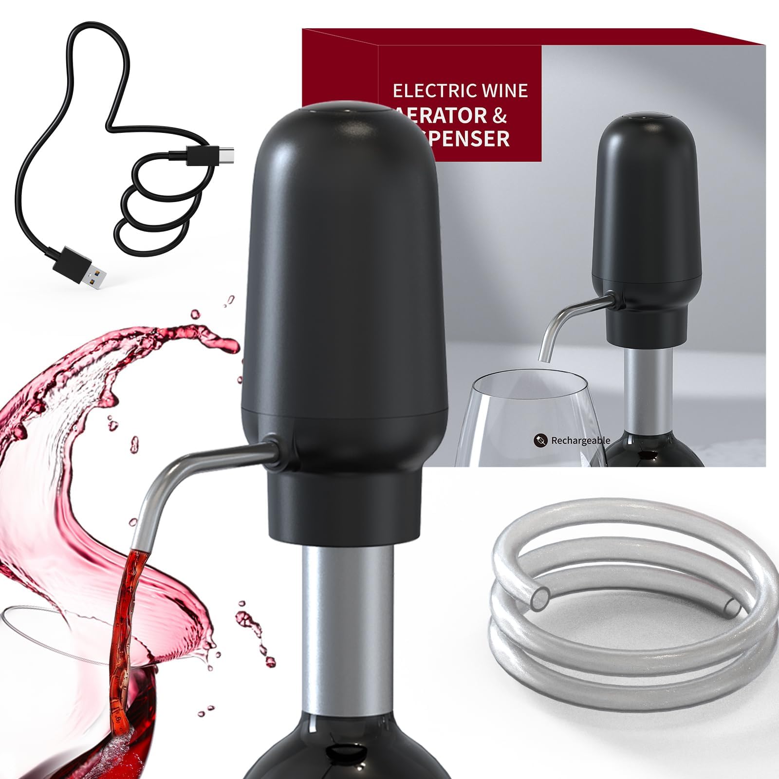 CIRCLE JOY Electric Wine Aerator Pourer, Automatic Wine Dispenser, Rechargeable Decanter with USB Cable, Black