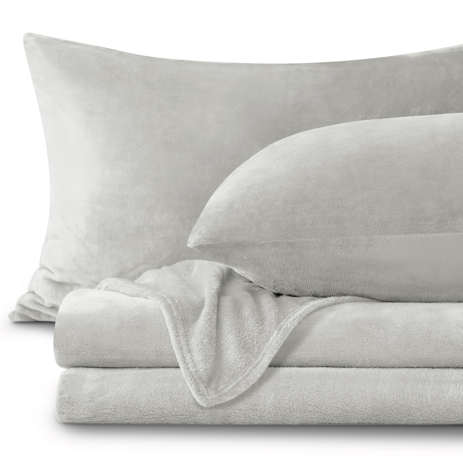 BEDELITE Flannel Sheets Queen Size Light Grey - Super Soft Fleece Sheets Set Fluffy Extra Plush, 4 Piece(Include Fitted Sheet, Flat Sheet, 2