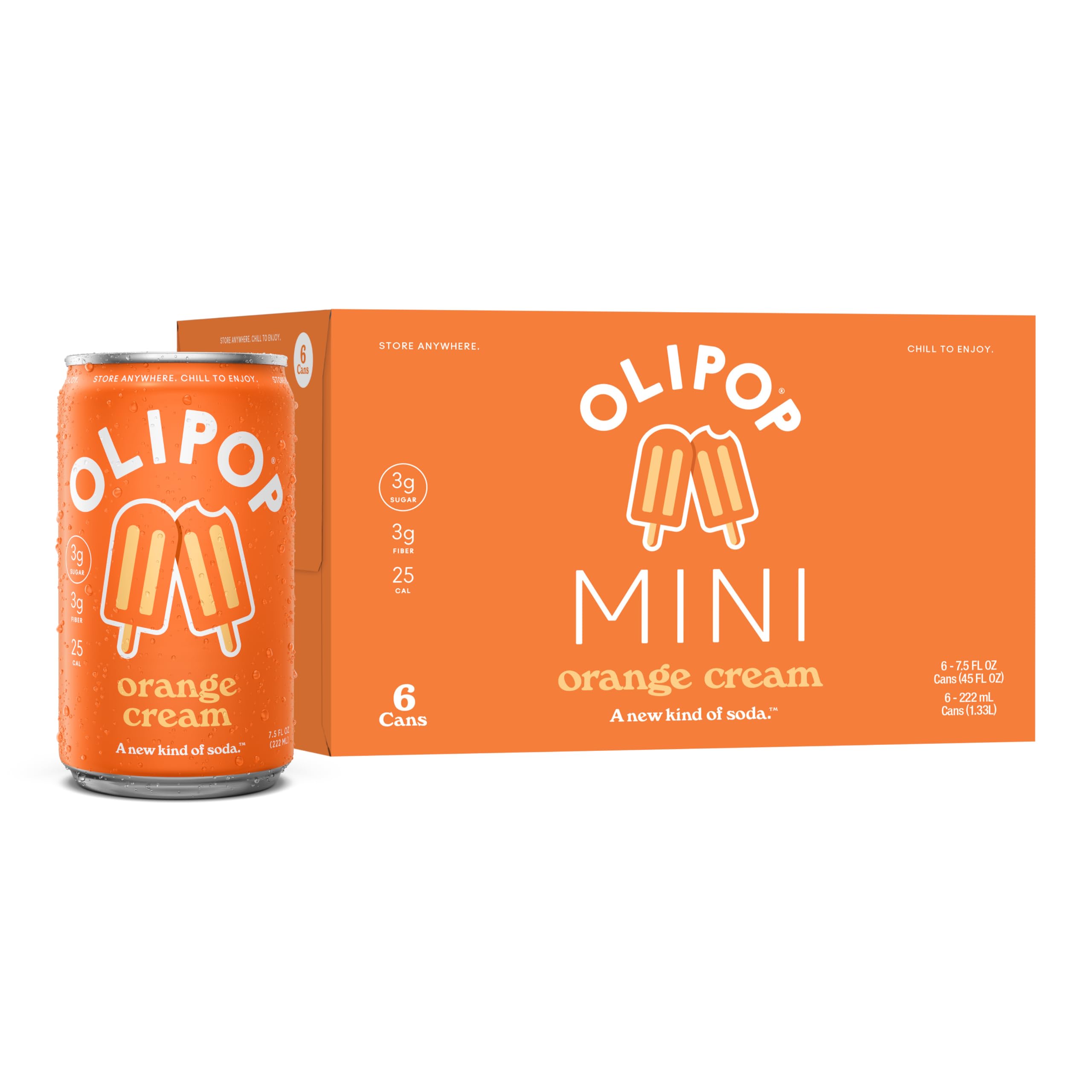 OLIPOP MINIs 3g Fiber Prebiotic Soda, Orange Cream, 7.5 fl oz, 6 Pack