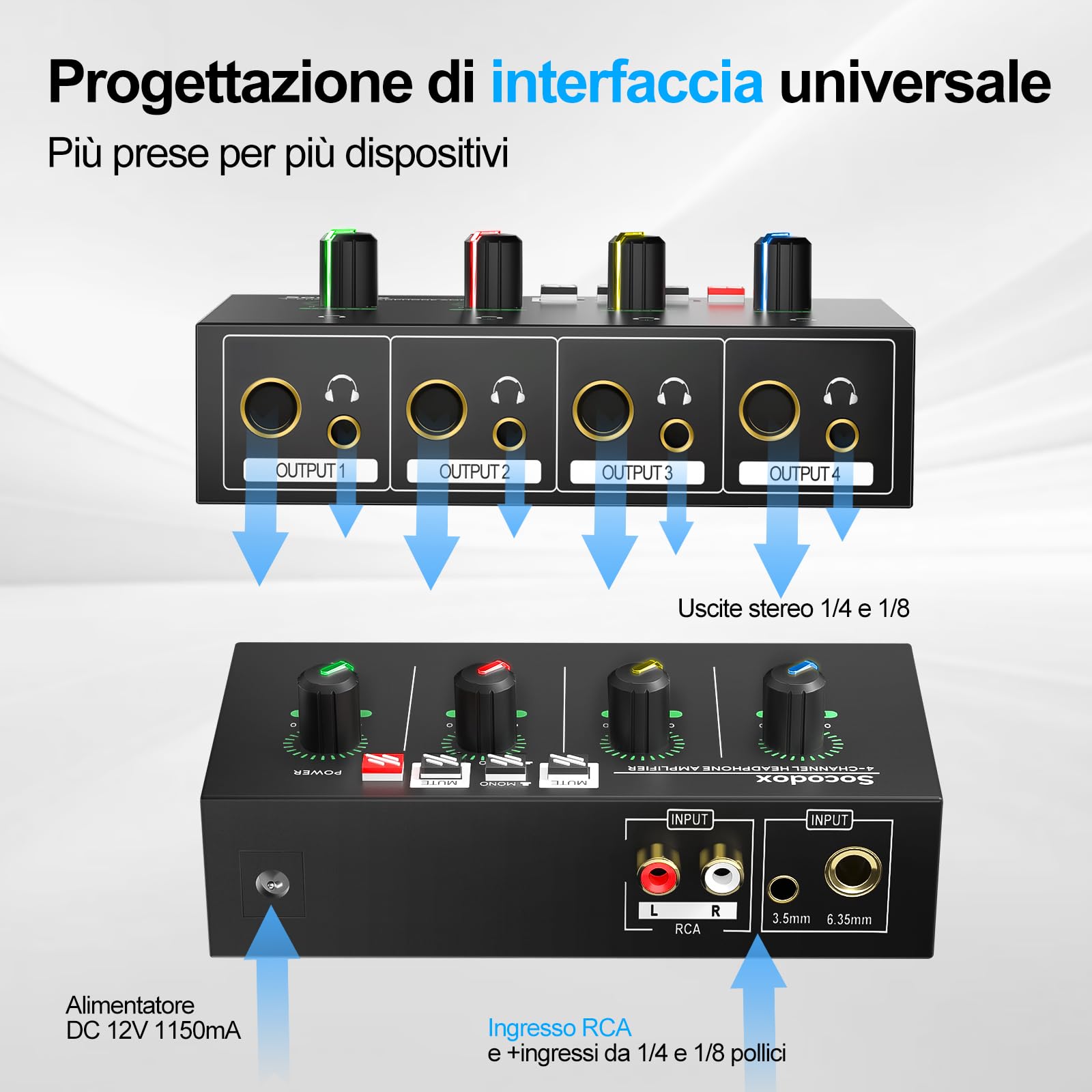 Amplificatore per Cuffie 4 Canali, Mixer Compatto in Metallo con 8 Uscite, Jack 3,5 mm/6,35 mm/RCA, Interruttore Stereo, Mute, Luce RGB