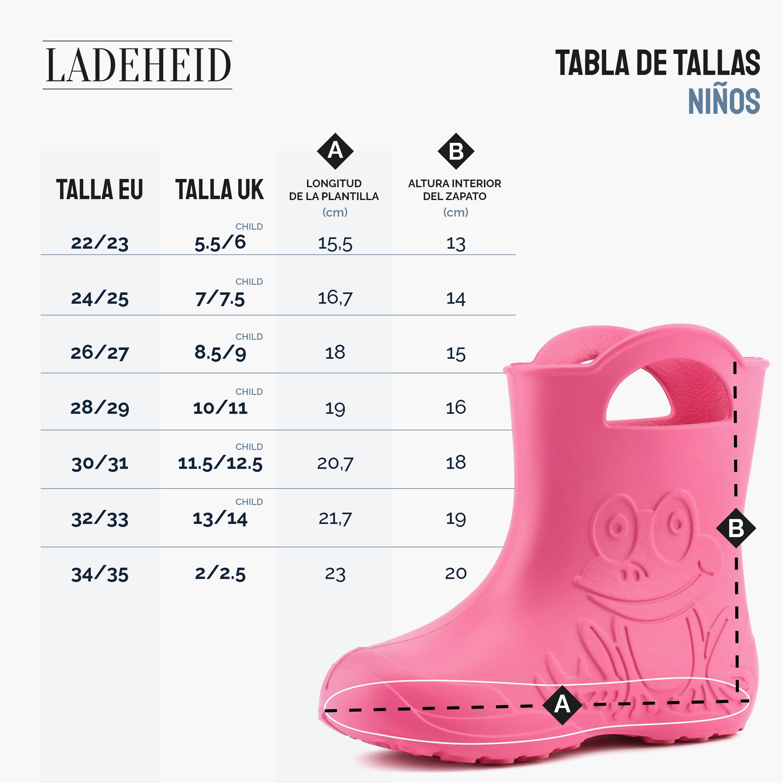Ladeheid Botas Agua Niño y Niña EVA Unisex – Calzado de Lluvia Infantil Impermeable, Ligero, Cómodo y Divertido – Galochas de Goma Resistentes LA-CA-01