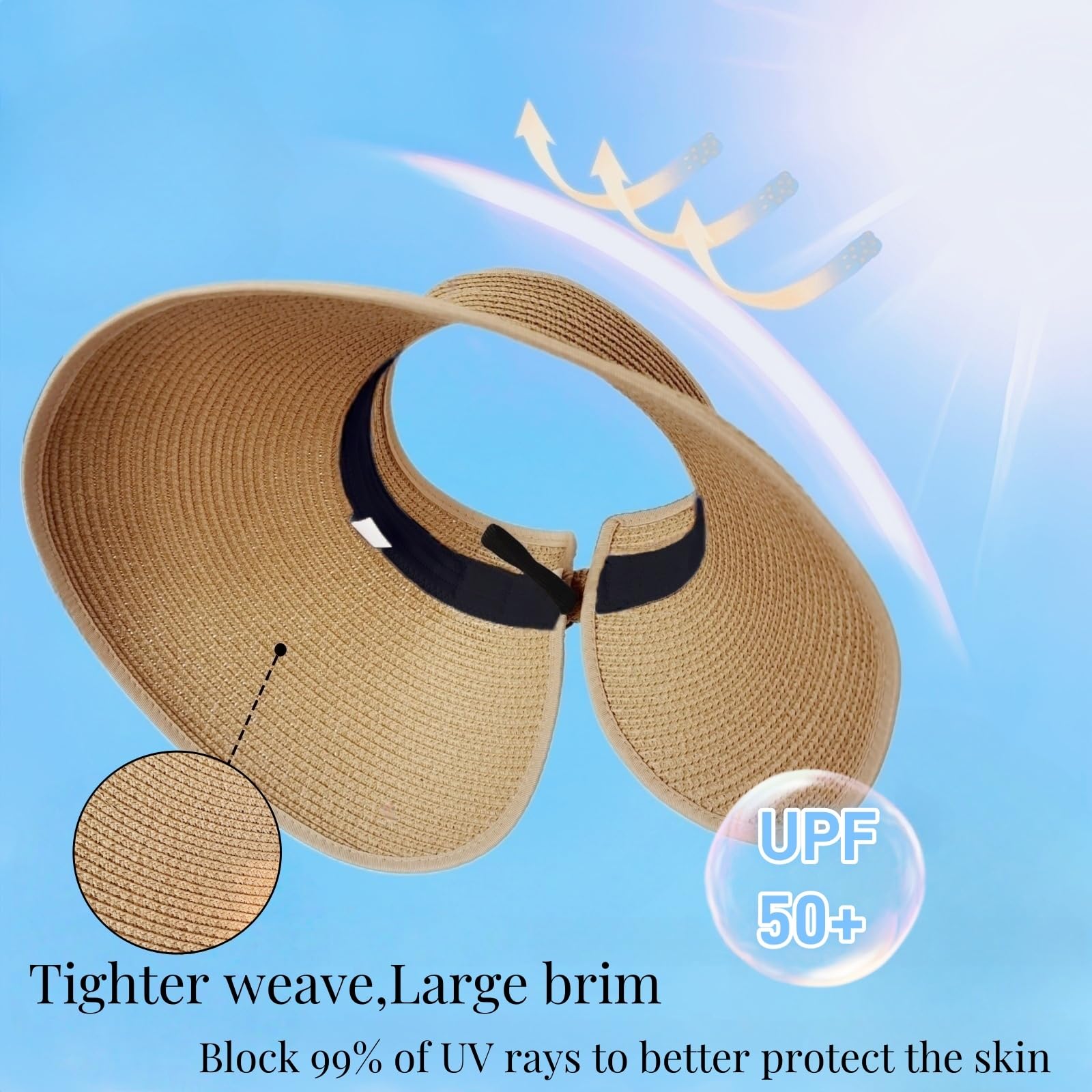 Sombreros de paja con visera solar para mujer, plegable, de ala ancha, flexible, para cola de caballo, playa, protección UV, esenciales para vacaciones, Caqui, Talla única 2