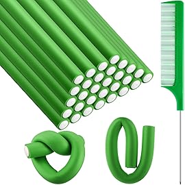 Syhood 30 Pcs Flexible Curling Rods 9.45 Twist Foam Rollers Soft Foam No Heat Hair Rods Rollers and 1 Steel Pintail Comb Rat Tail Comb for Women Long Short Hair(Green,9.45 x 0.79 Inch)