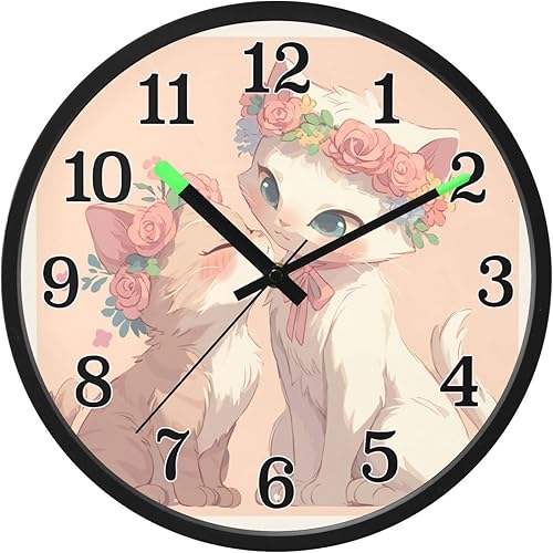 Non-Ticking Silent Battery Operated Small Analog Clock Luminous Voice-Activated Decor Clock Vintage Cute Cats 12 Inch Round Easy to Read