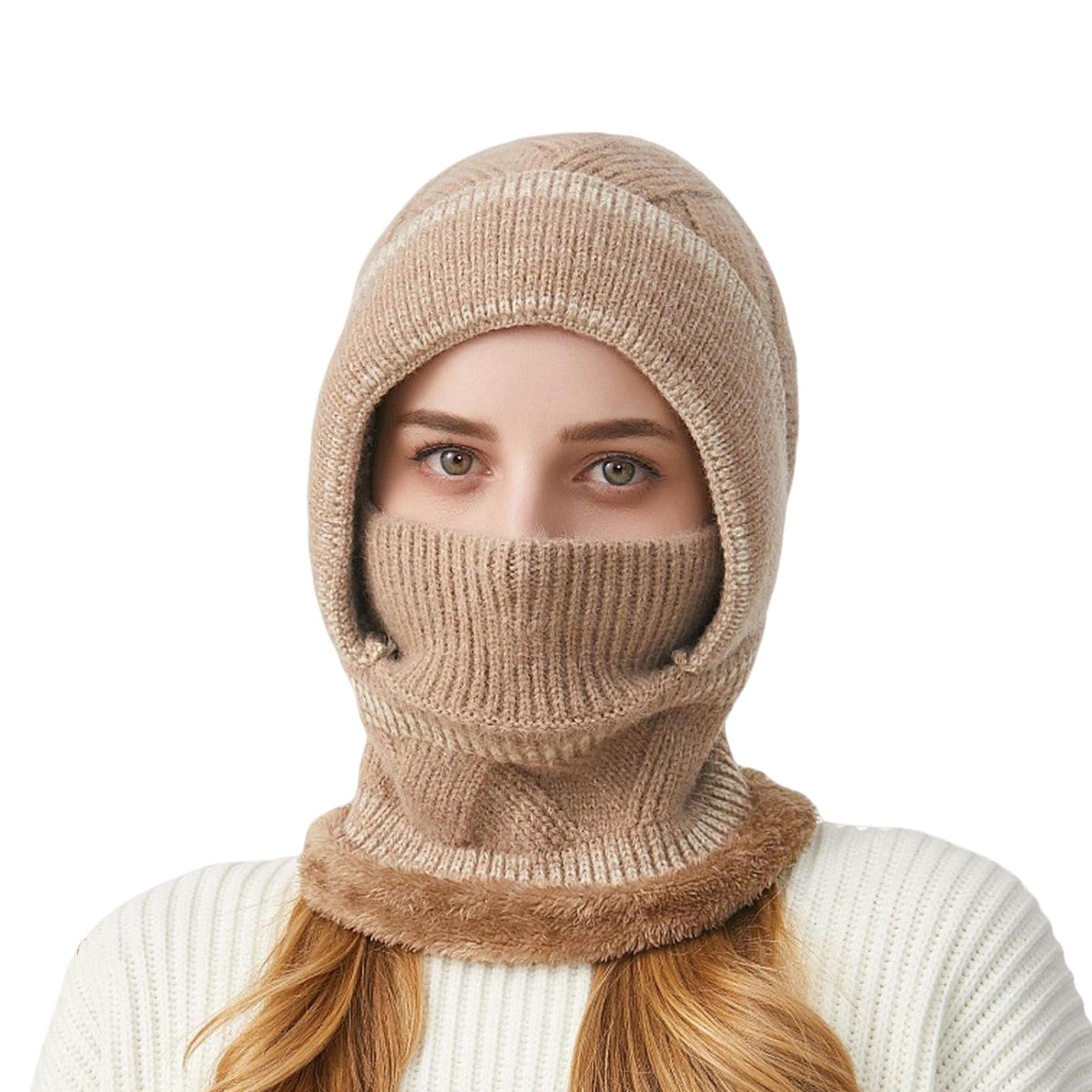 Sombrero Invierno Mujer Mujeres Sombreros De Gorro De Invierno 2 En 1 Vellón Juego De Máscara De Sombrero De Calentador De Cuello Grueso-Caqui