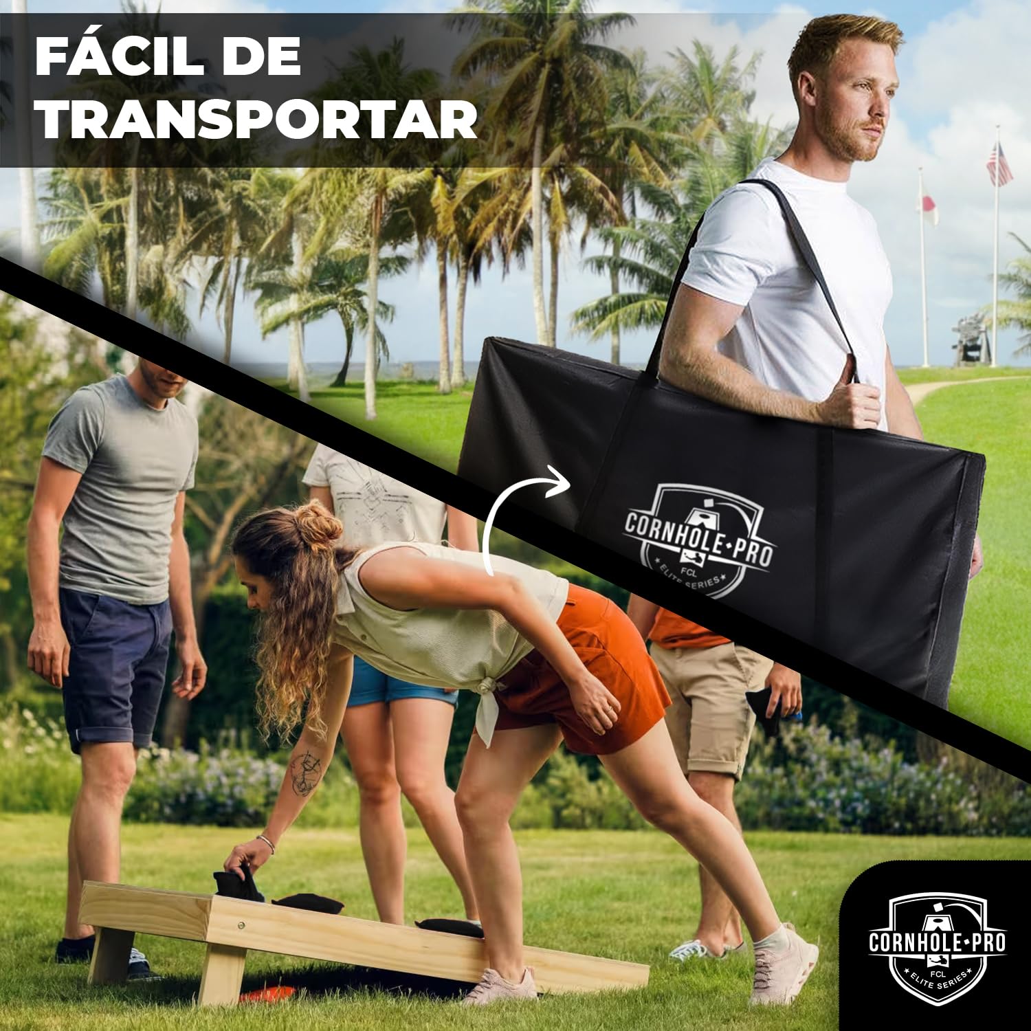 Cornhole Oficial de Madera – 90×60 cm – 2 Tableros + 8 Sacos – Set Completo con Bolsa de Transporte – Juego Exterior para Adultos – Jardín, Playa – Original Corner