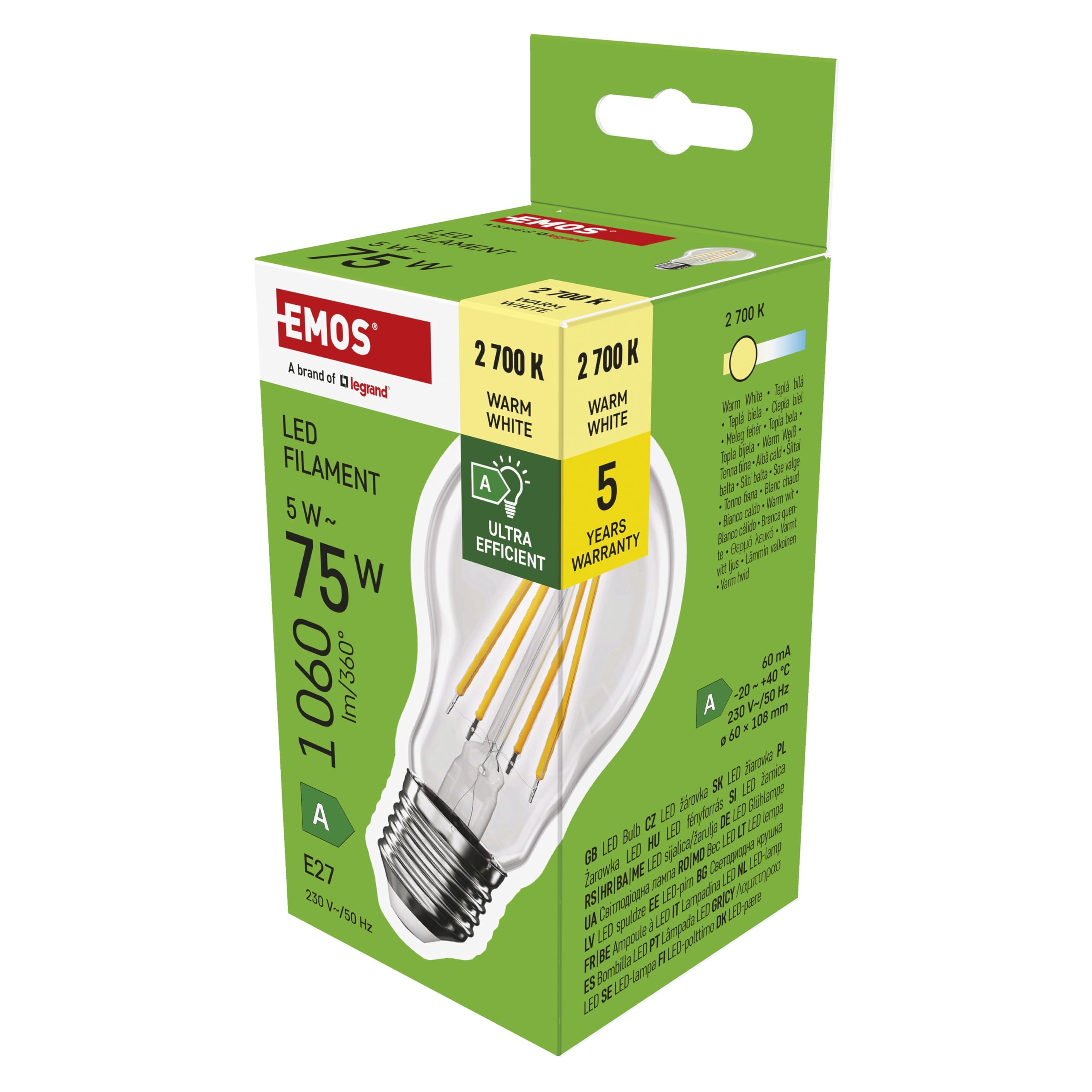 EMOS Edison A60 LED Light Bulb 5 W Replacement for 75 W Incandescent Bulb A Class Vintage Bulb with E27 Base Brightness 1060 lm Warm White 2700 K Extra Long Life 50000 Hours CRI Min 80 300° Beam Angle