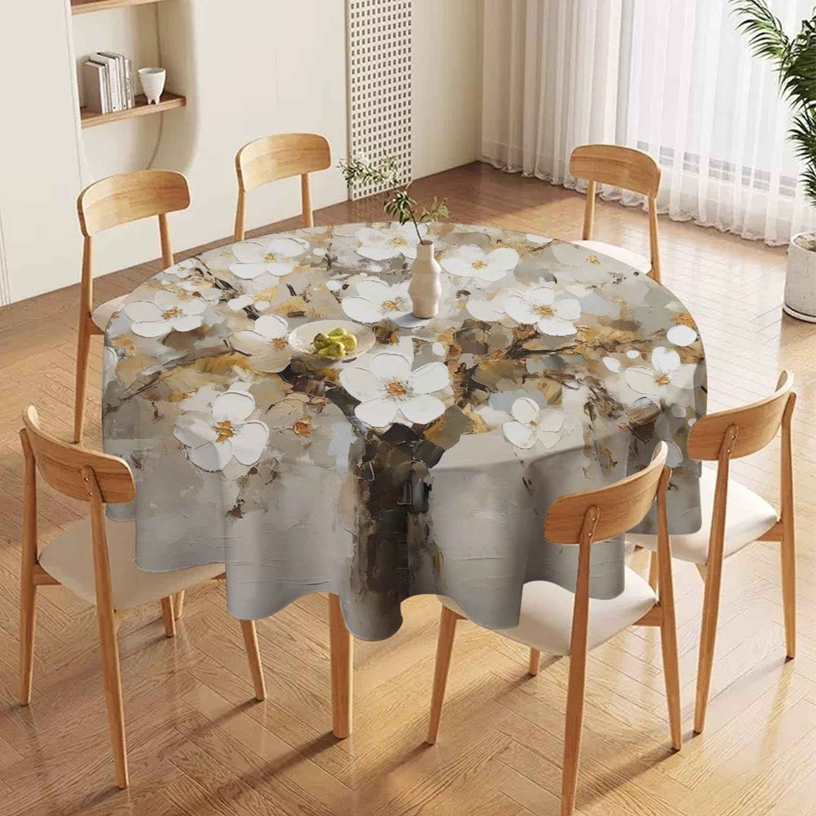 ORDOBO Round Table Cover -White Flowers 3D Print Waterproof Protect Table Cover Fashion Countertop Decoration For Kitchen Home Dinner 127X127Cm