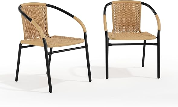 EMMA + OLIVER Beige PE Rattan Stackable Patio Dining Chair, 2-Pack