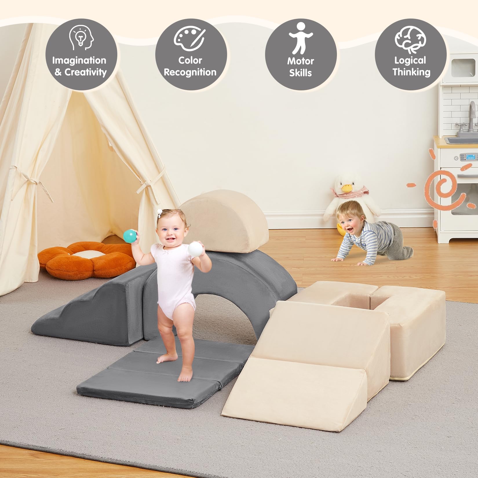 Garvee Juego educativo de 7 bloques de espuma para escalar y gatear - Incluye rampa extendida, túnel y tobogán - Funda de terciopelo lavable, base antideslizante - Ideal para bebés y niños pequeños en