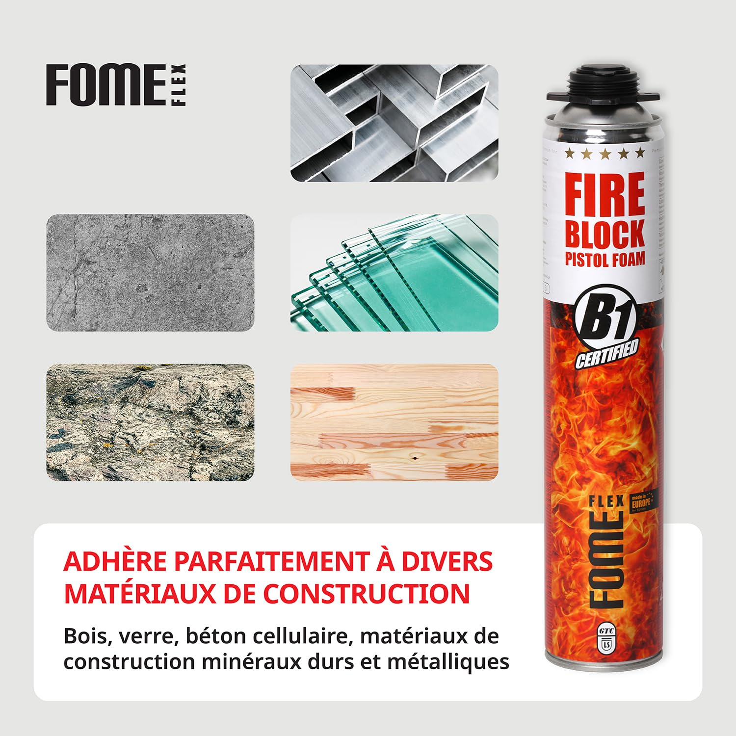 Mousse polyuréthane coupe-feu FOME FLEX Fire Block – pistolable, haute résistance, joints minéraux & métalliques – 12 x 750 ml, résistance au feu jusqu’à 240 min, étanchéité fumée & gaz