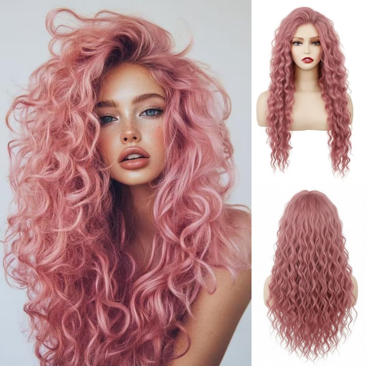 Long Pink Curly Wavy Wig for Women Natural Ombre Fluffy Synthetic Hair for Costume Cosplay Halloween Party