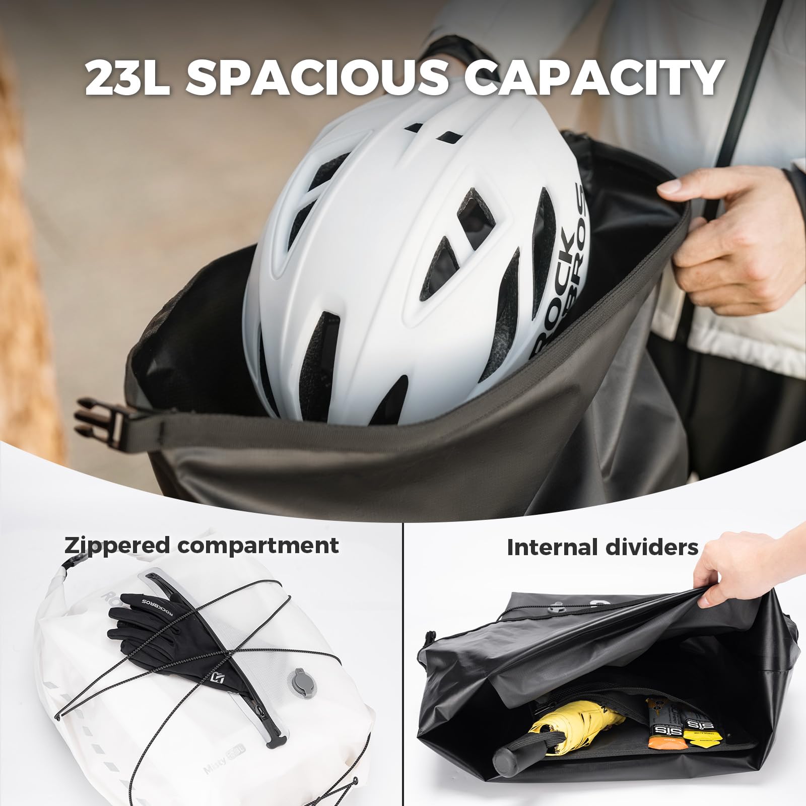 ROCKBROS 100% wasserdichte Gepäckträgertasche Fahrrad mit Vakuumfach | Kompressionsfach, Vornetasche, Elastisches Kordelsystem, Schnellbefestigung, für MTB Rennrad Gravelbike, 23 L, Weiß